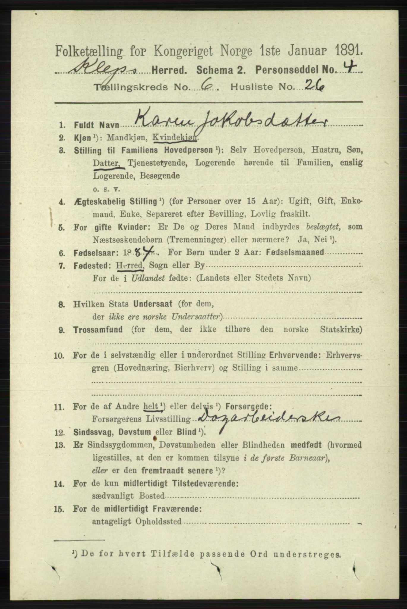 RA, 1891 census for 1120 Klepp, 1891, p. 1818