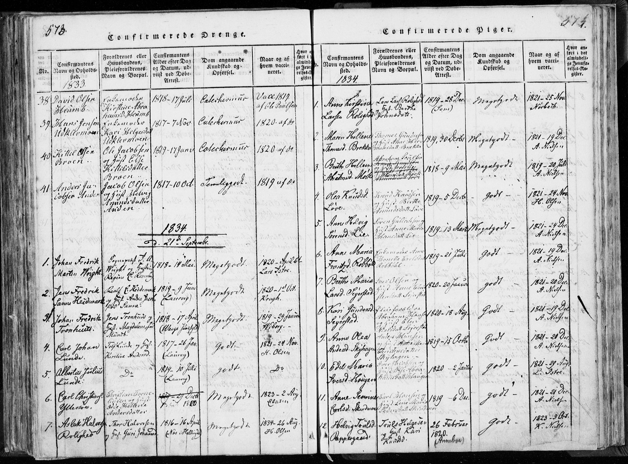 Hedrum kirkebøker, SAKO/A-344/F/Fa/L0004: Parish register (official) no. I 4, 1817-1835, p. 573-574