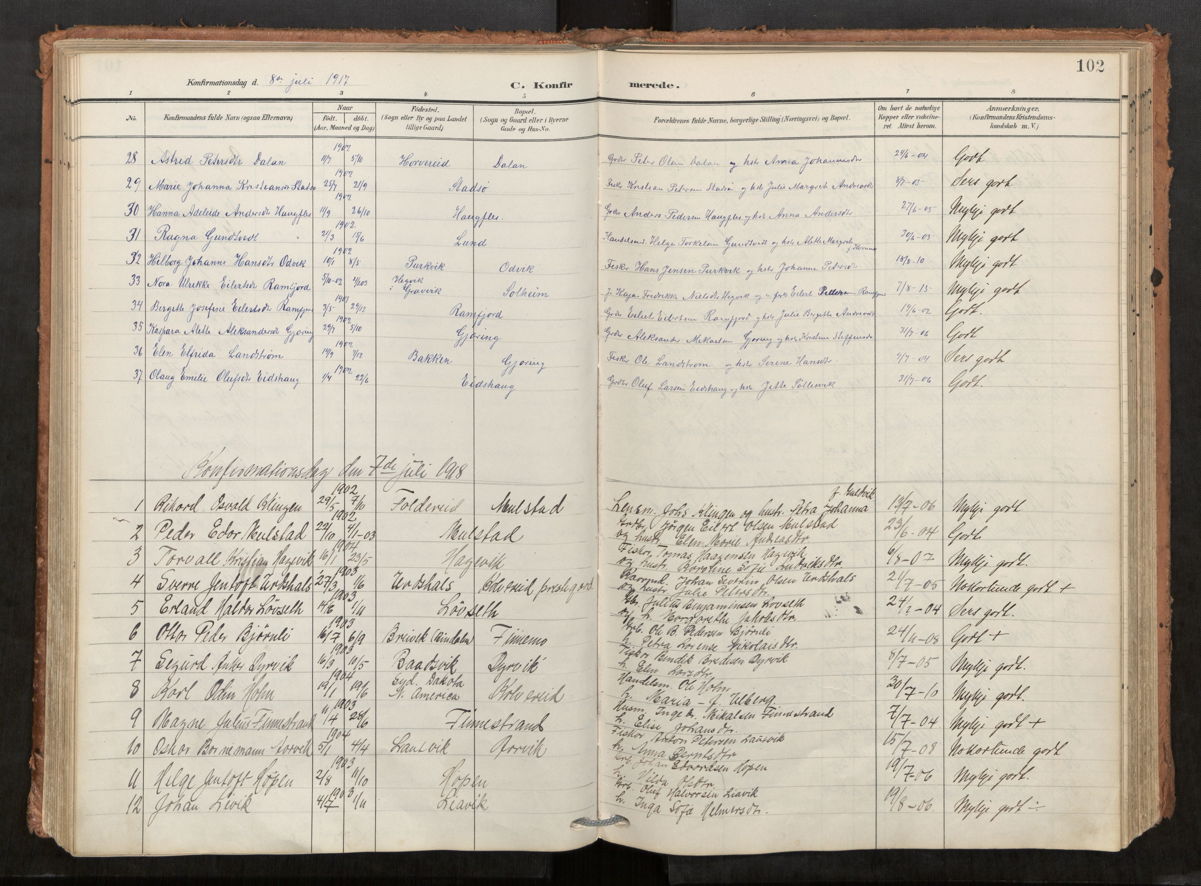 Kolvereid sokneprestkontor, SAT/A-1171/H/Ha/Haa/L0001: Parish register (official) no. 1, 1903-1922, p. 102