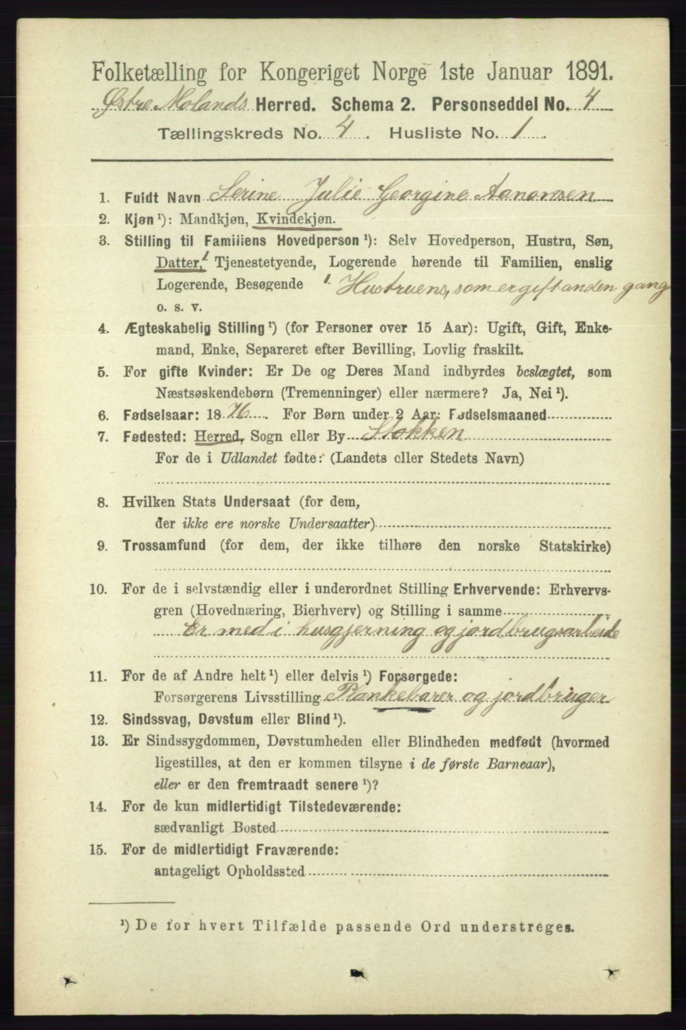 RA, 1891 census for 0918 Austre Moland, 1891, p. 2085