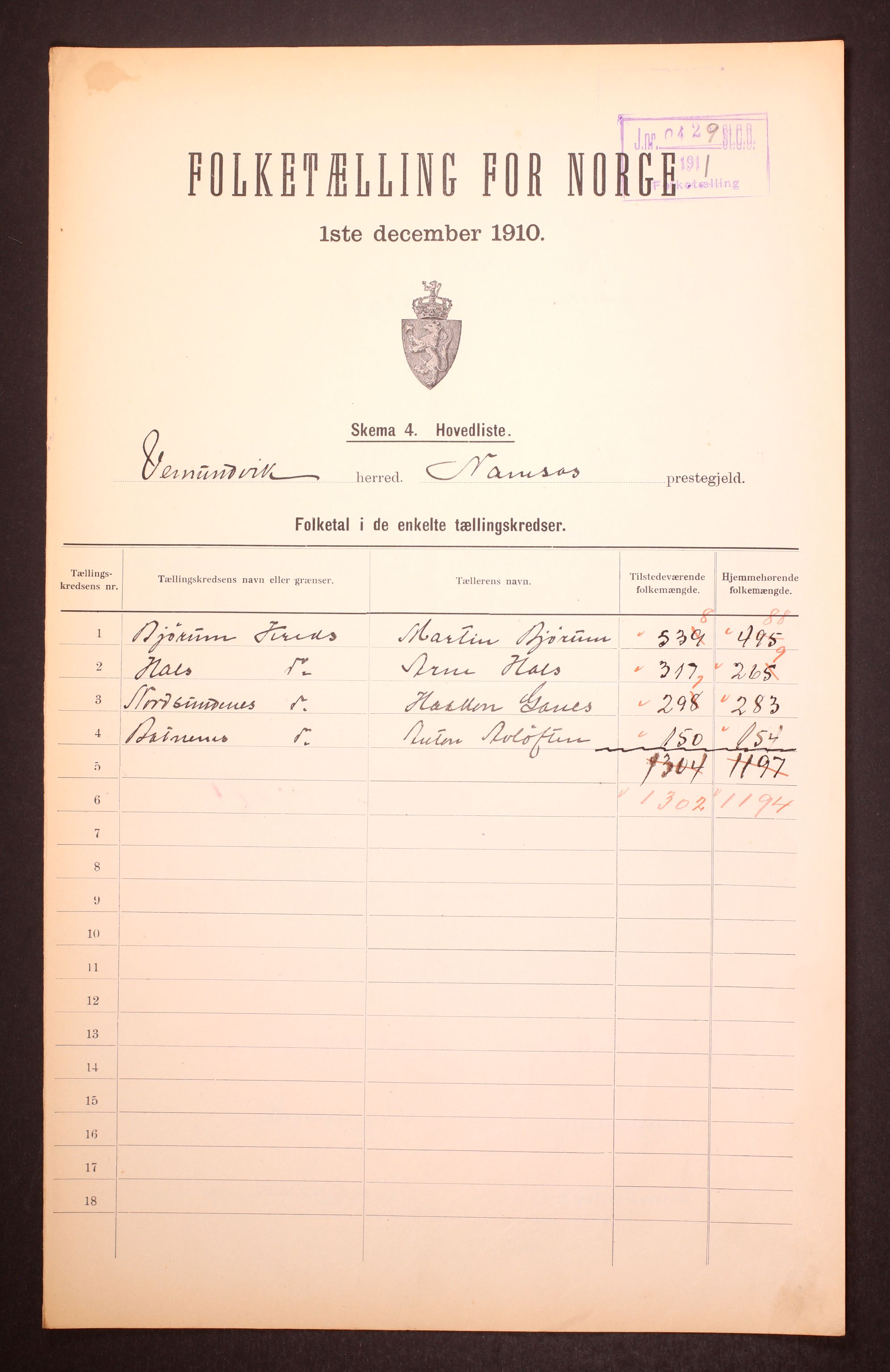 RA, 1910 census for Vemundvik, 1910, p. 2