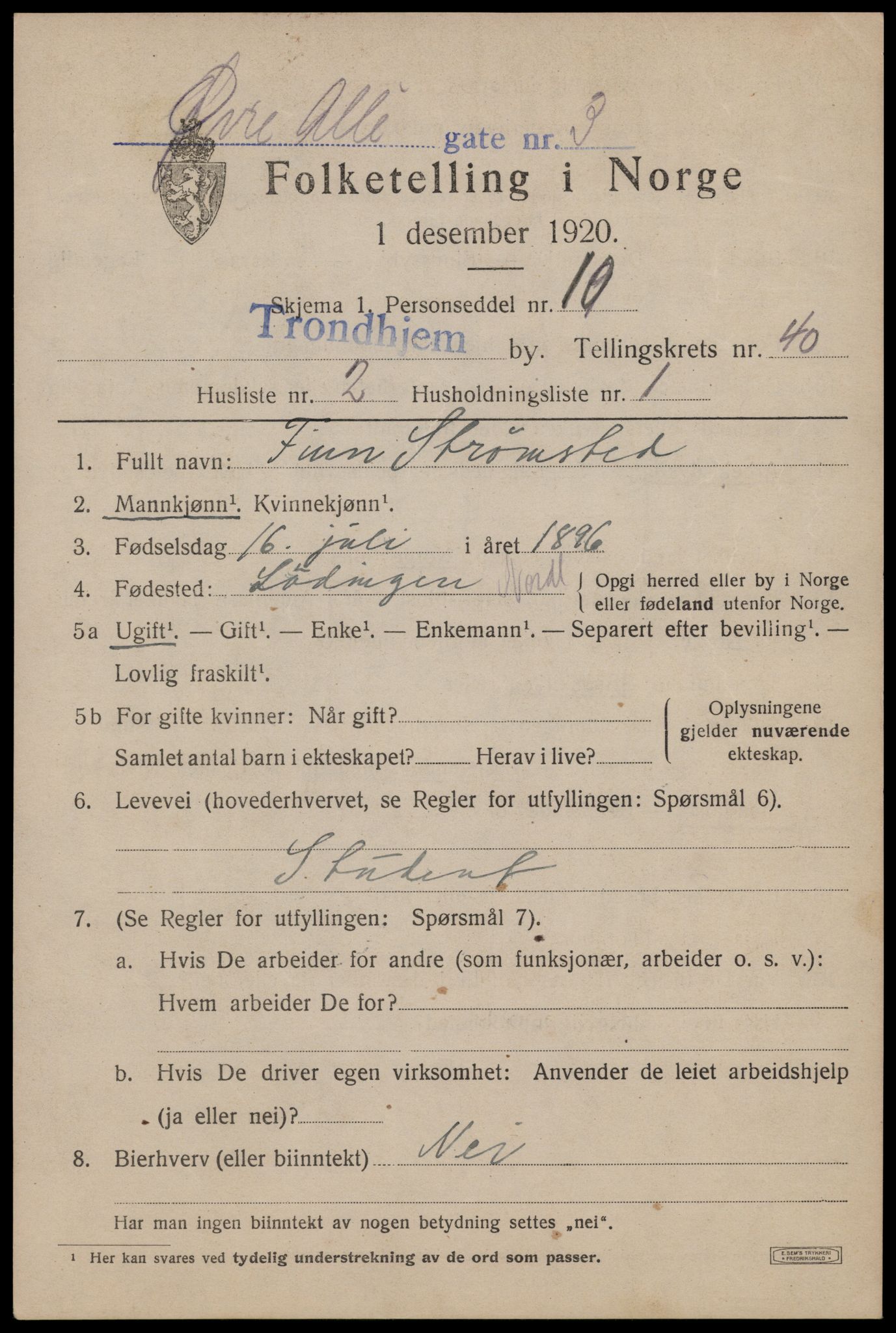 SAT, 1920 census for Trondheim, 1920, p. 89456