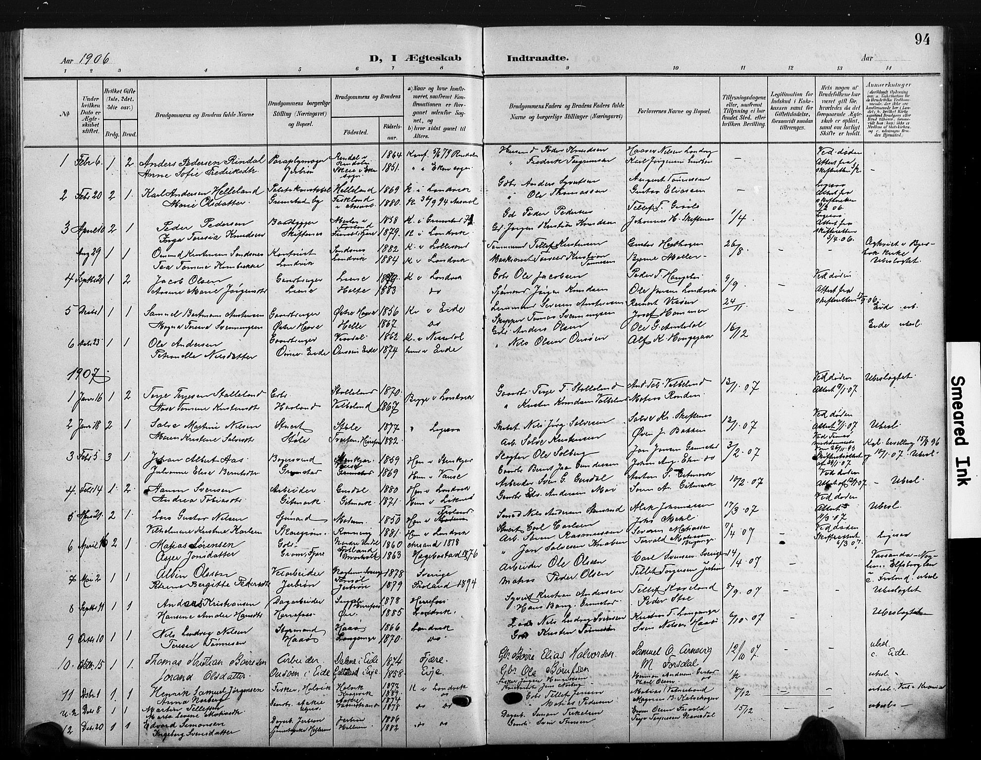 Hommedal sokneprestkontor, SAK/1111-0023/F/Fb/Fbb/L0008: Parish register (copy) no. B 8, 1905-1929, p. 94