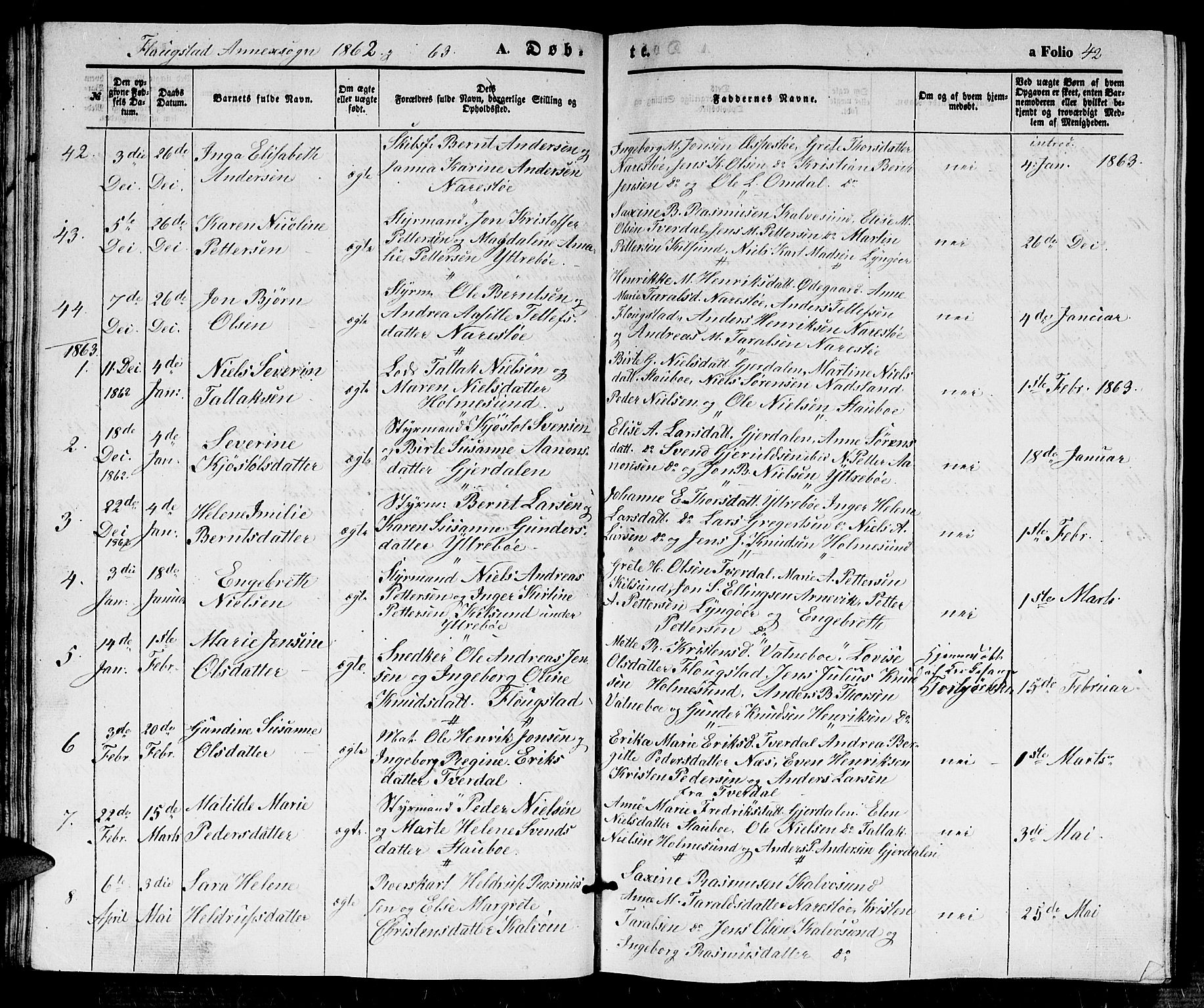 Dypvåg sokneprestkontor, SAK/1111-0007/F/Fb/Fbb/L0002: Parish register (copy) no. B 2, 1851-1871, p. 42