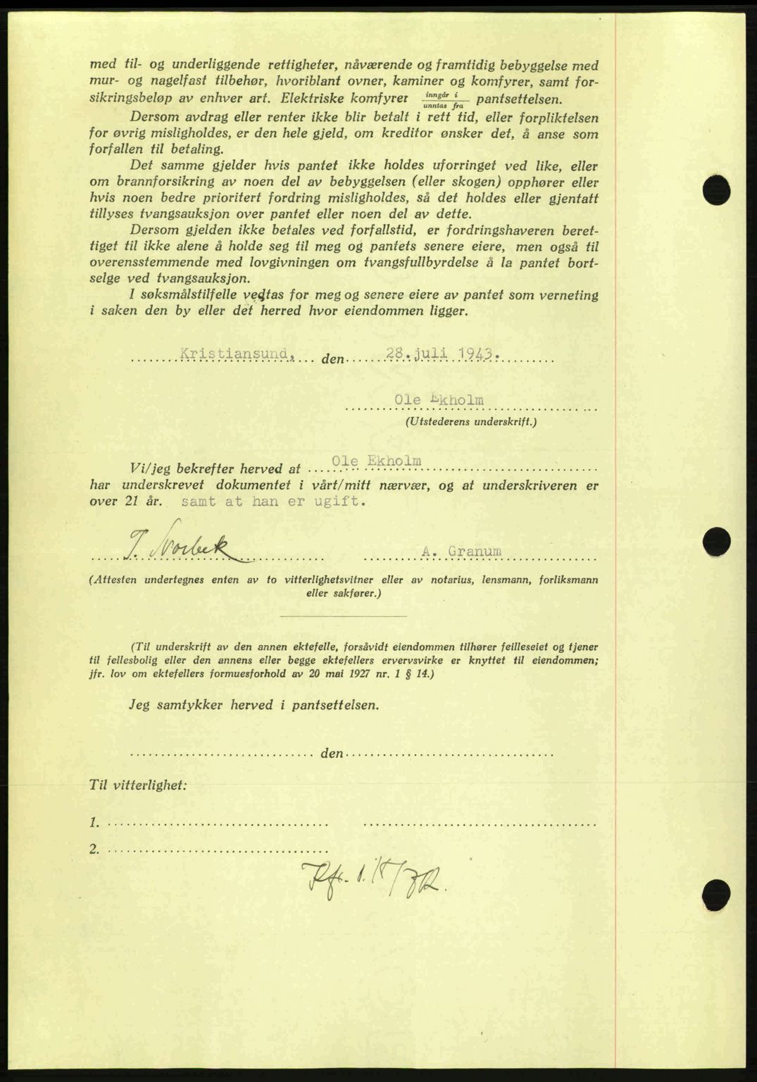 Nordmøre sorenskriveri, AV/SAT-A-4132/1/2/2Ca: Mortgage book no. B91, 1943-1944, Diary no: : 1708/1943