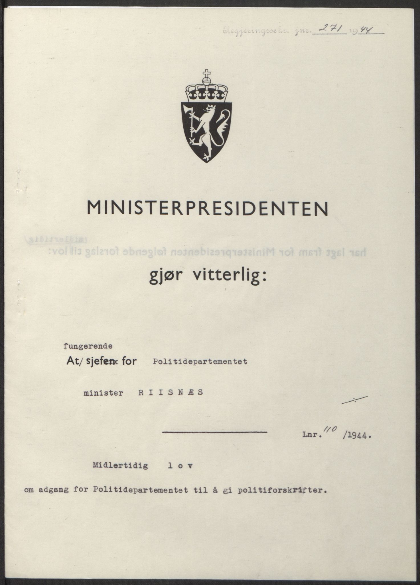 NS-administrasjonen 1940-1945 (Statsrådsekretariatet, de kommisariske statsråder mm), RA/S-4279/D/Db/L0100: Lover, 1944, p. 521