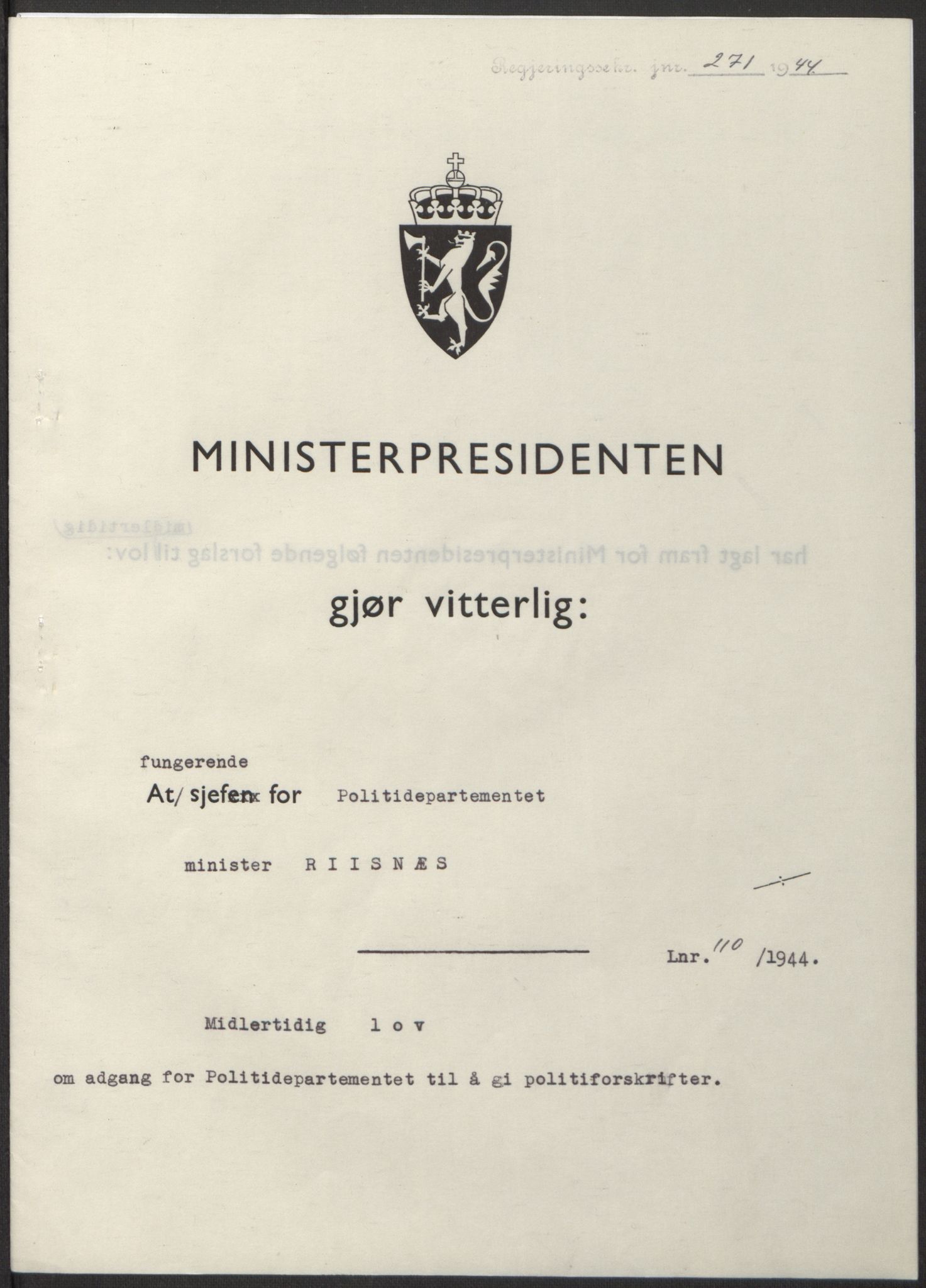 NS-administrasjonen 1940-1945 (Statsrådsekretariatet, de kommisariske statsråder mm), AV/RA-S-4279/D/Db/L0100: Lover, 1944, p. 521