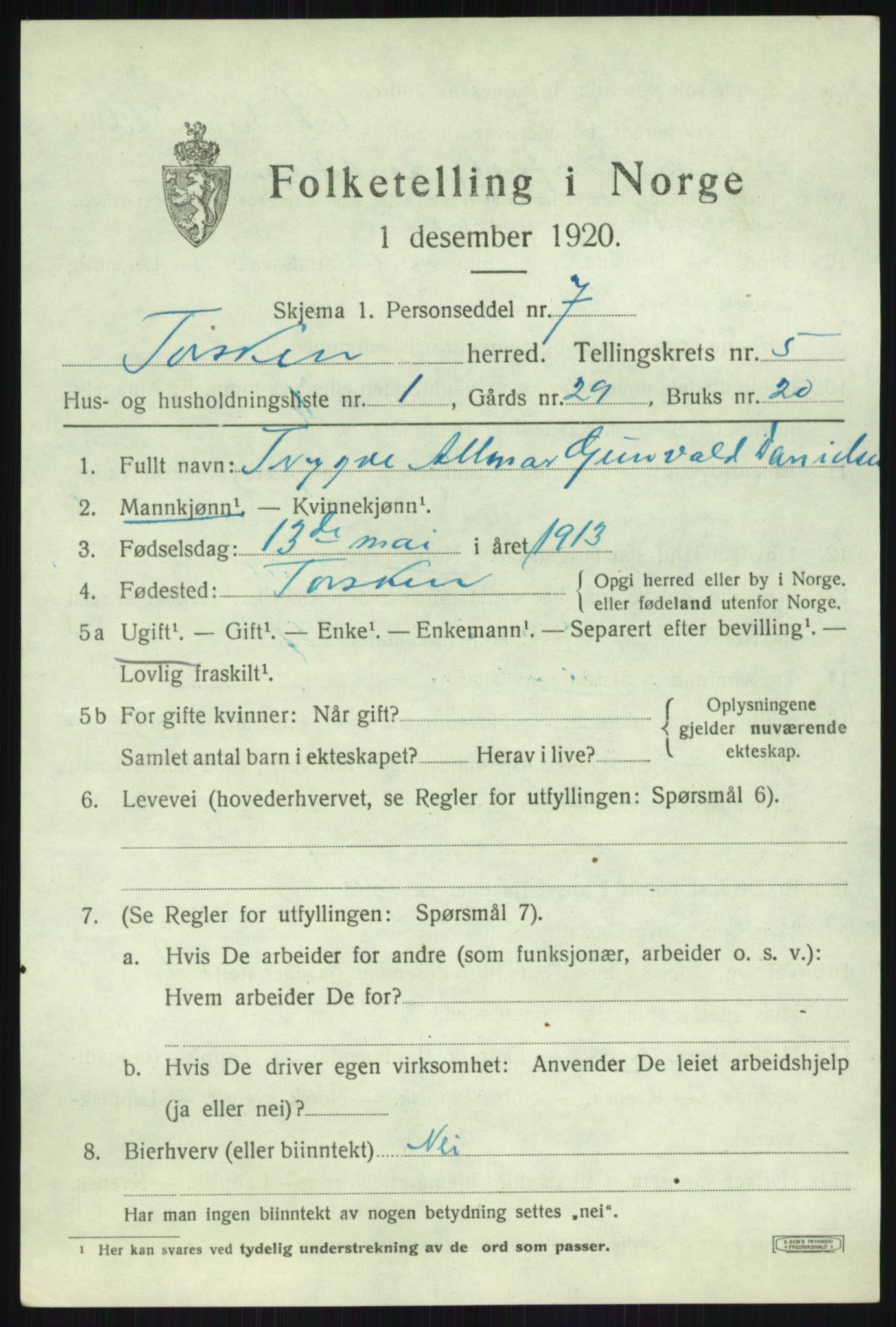 SATØ, 1920 census for Torsken, 1920, p. 1998