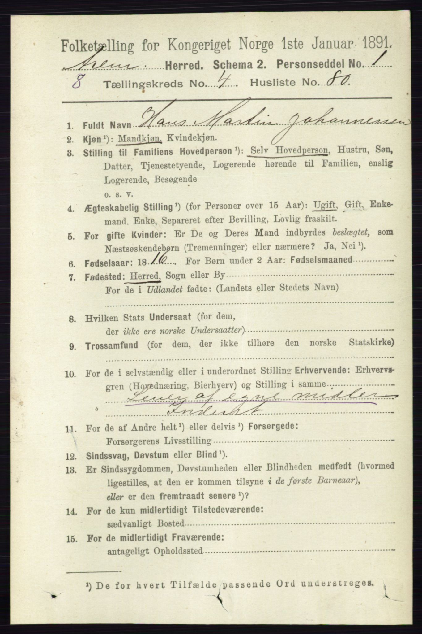 RA, 1891 census for 0118 Aremark, 1891, p. 2380