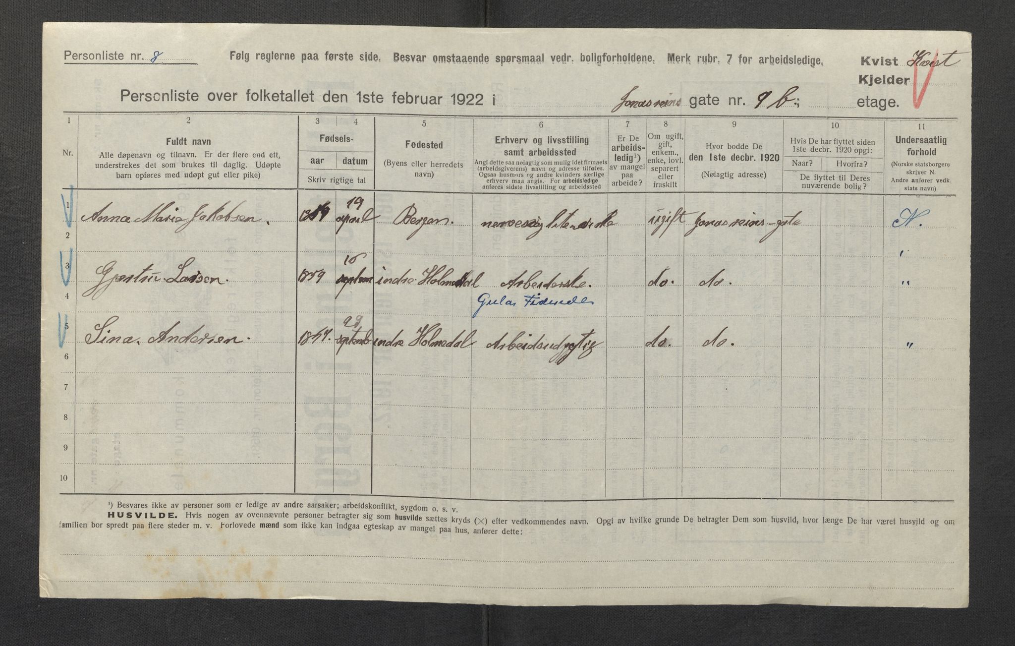 SAB, Municipal Census 1922 for Bergen, 1922, p. 16593