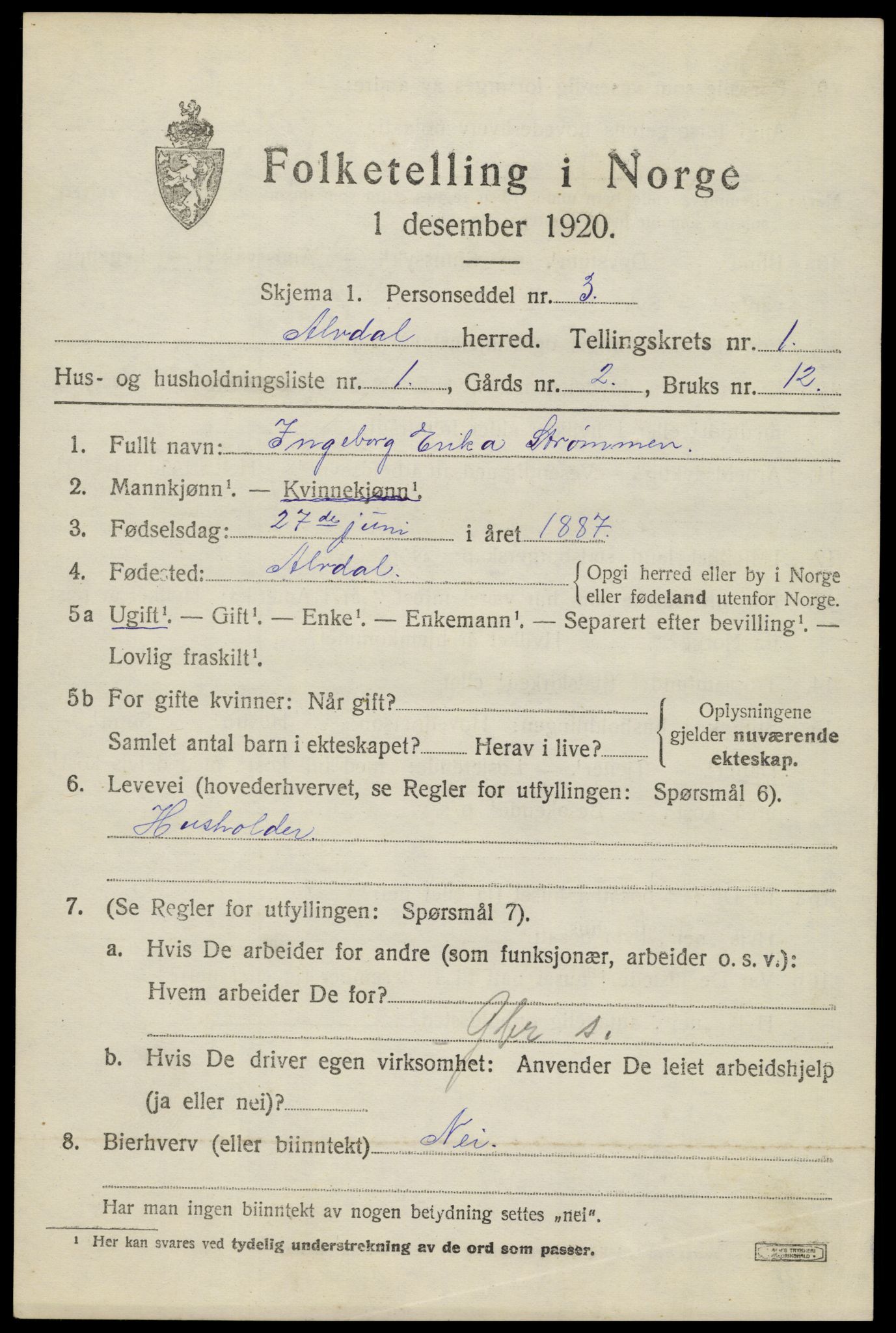 SAH, 1920 census for Alvdal, 1920, p. 898