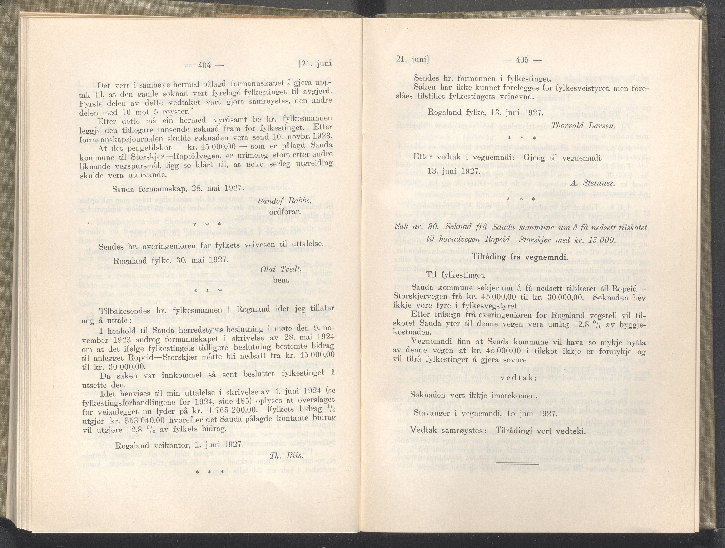 Rogaland fylkeskommune - Fylkesrådmannen , IKAR/A-900/A/Aa/Aaa/L0046: Møtebok , 1927, p. 404-405