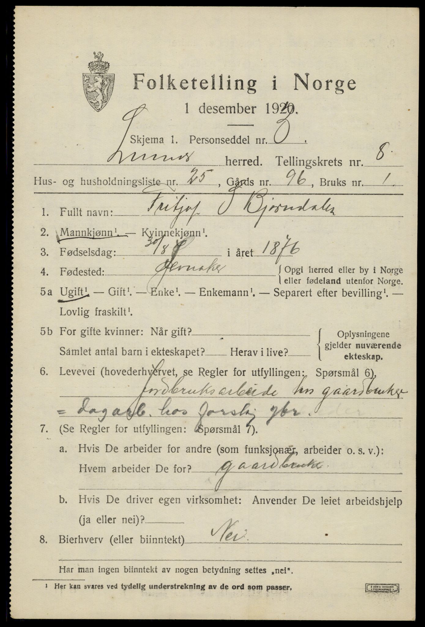 SAH, 1920 census for Lunner, 1920, p. 9315