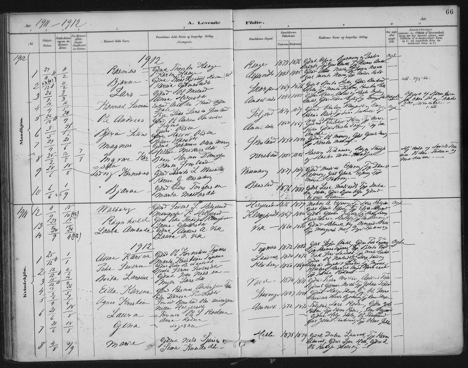 Nedstrand sokneprestkontor, SAST/A-101841/01/IV: Parish register (official) no. A 12, 1887-1915, p. 66