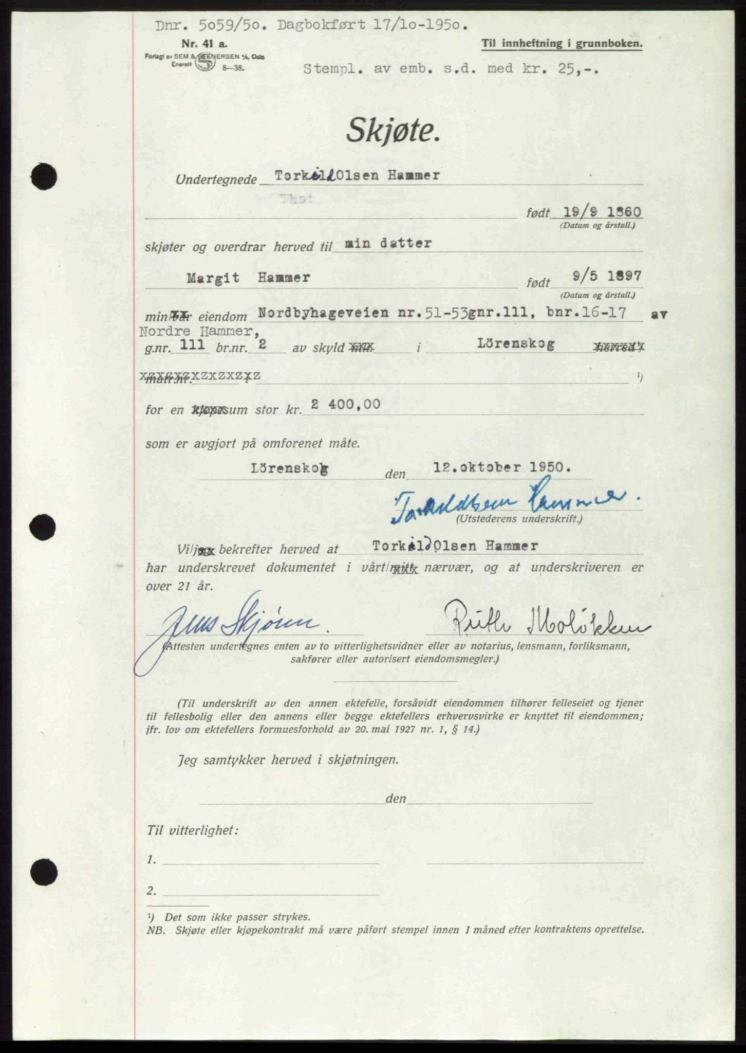 Nedre Romerike sorenskriveri, AV/SAO-A-10469/G/Gb/Gbd/L0032: Mortgage book no. 32, 1950-1950, Diary no: : 5059/1950