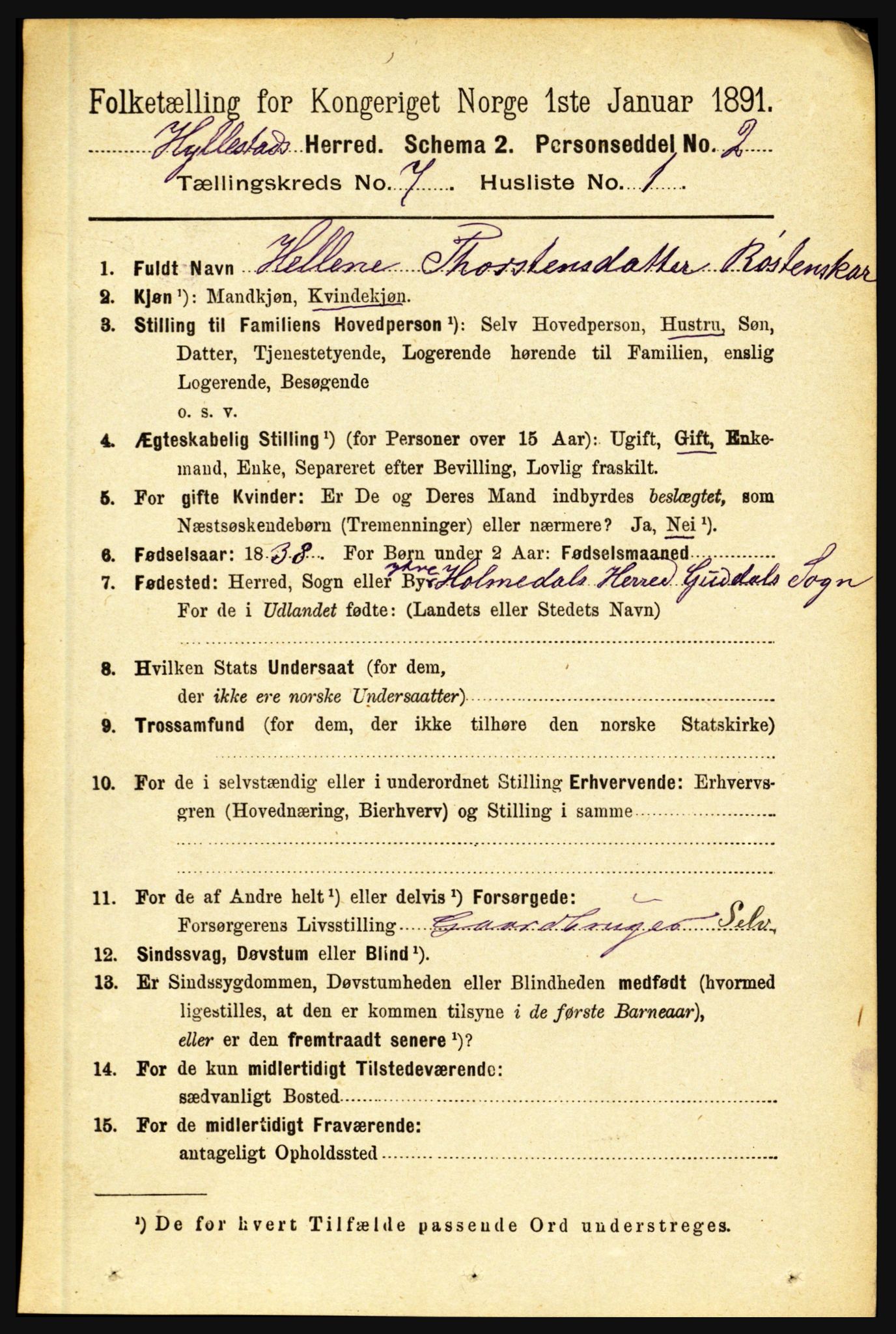 RA, 1891 census for 1413 Hyllestad, 1891, p. 1183