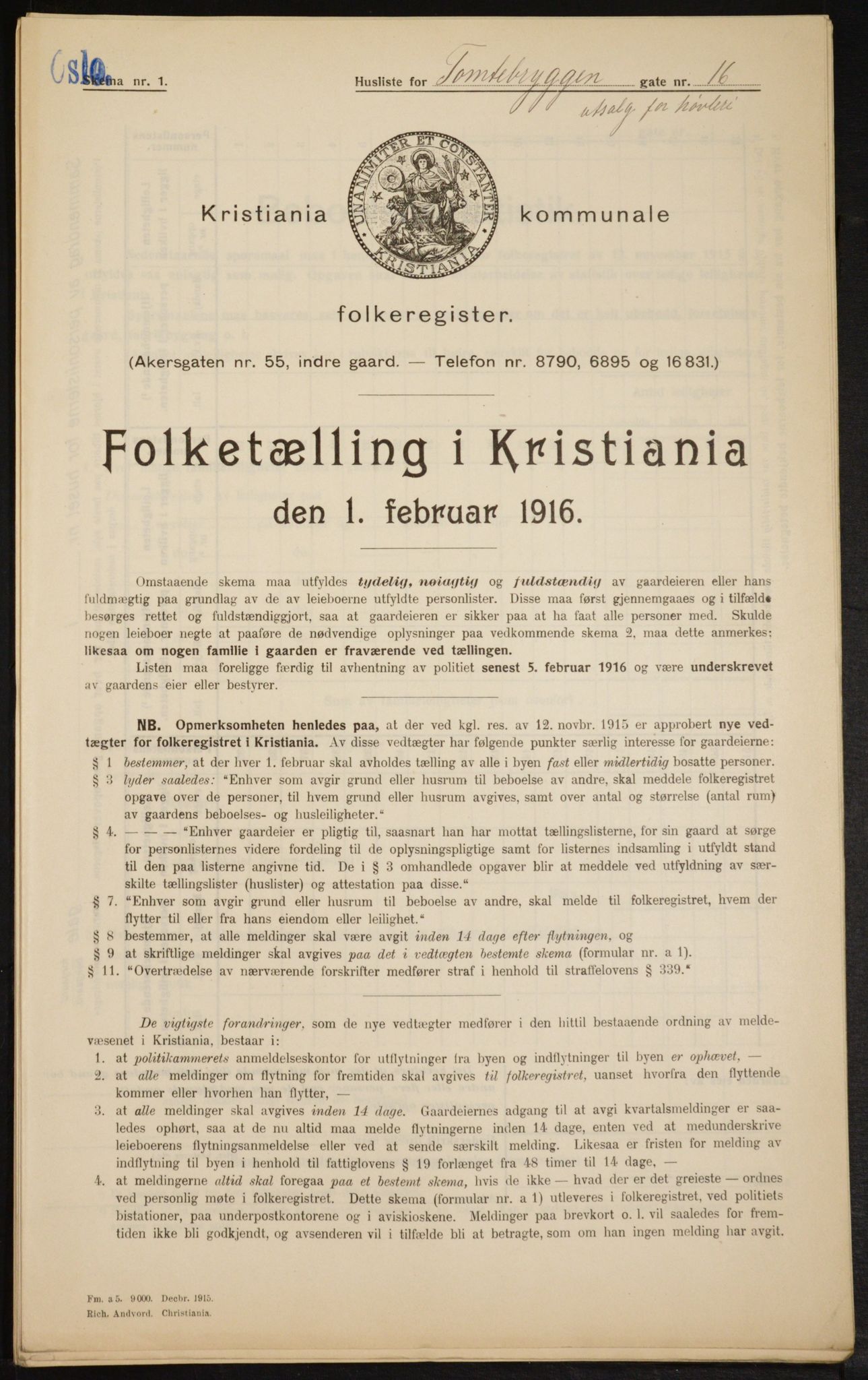 OBA, Municipal Census 1916 for Kristiania, 1916, p. 116630