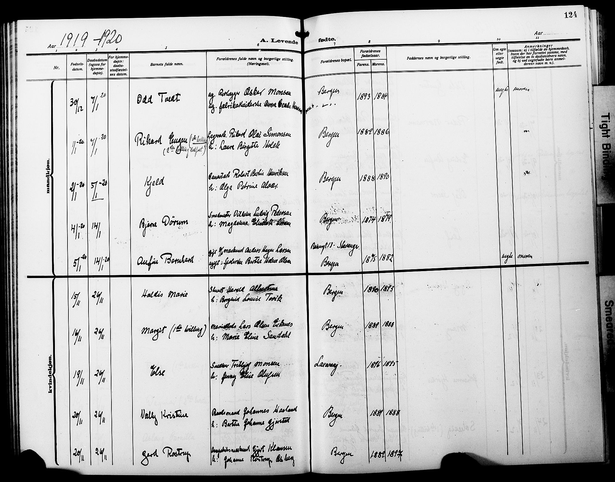 Fødselsstiftelsens sokneprestembete*, SAB/-: Parish register (copy) no. A 3, 1916-1925, p. 124