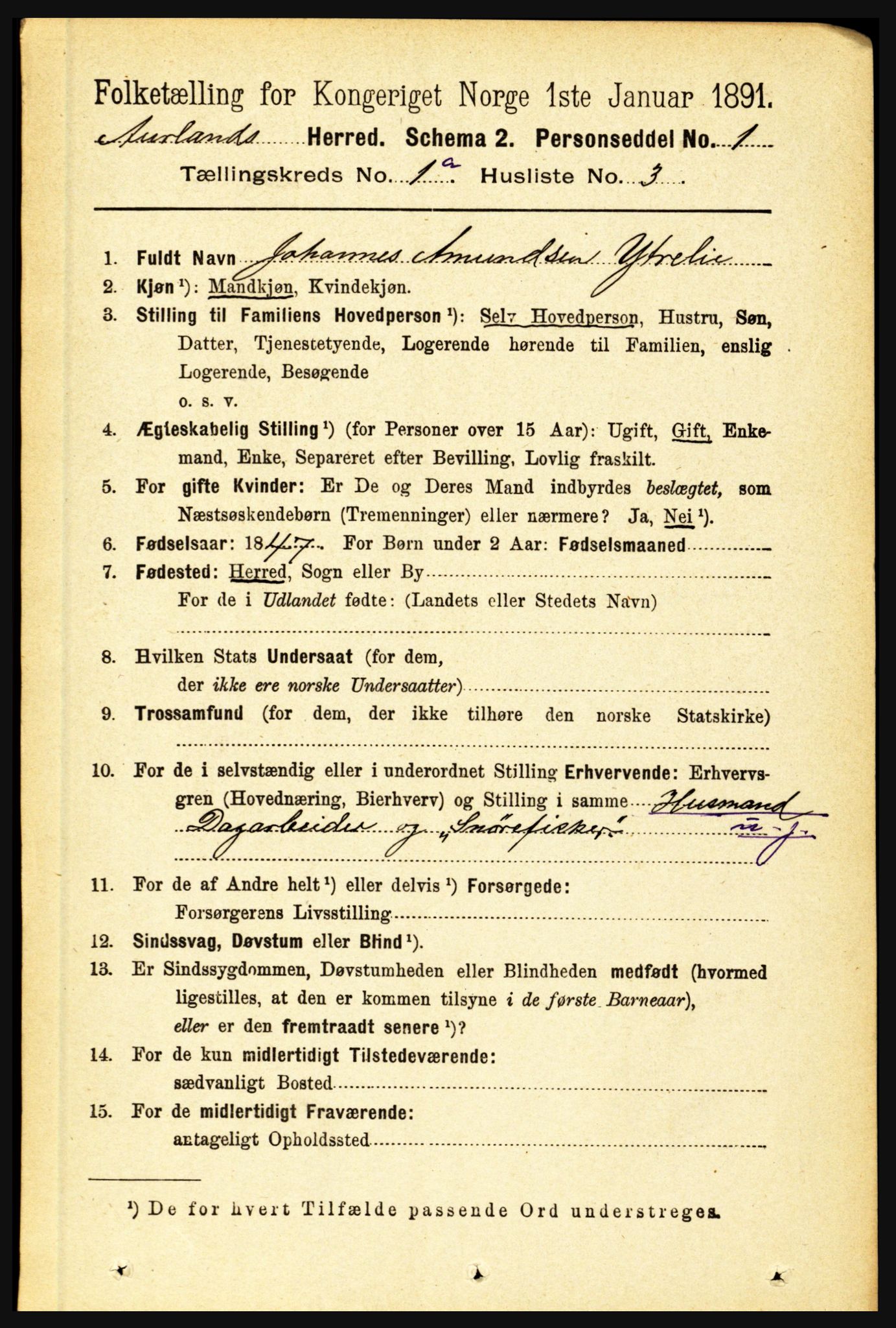 RA, 1891 census for 1421 Aurland, 1891, p. 42