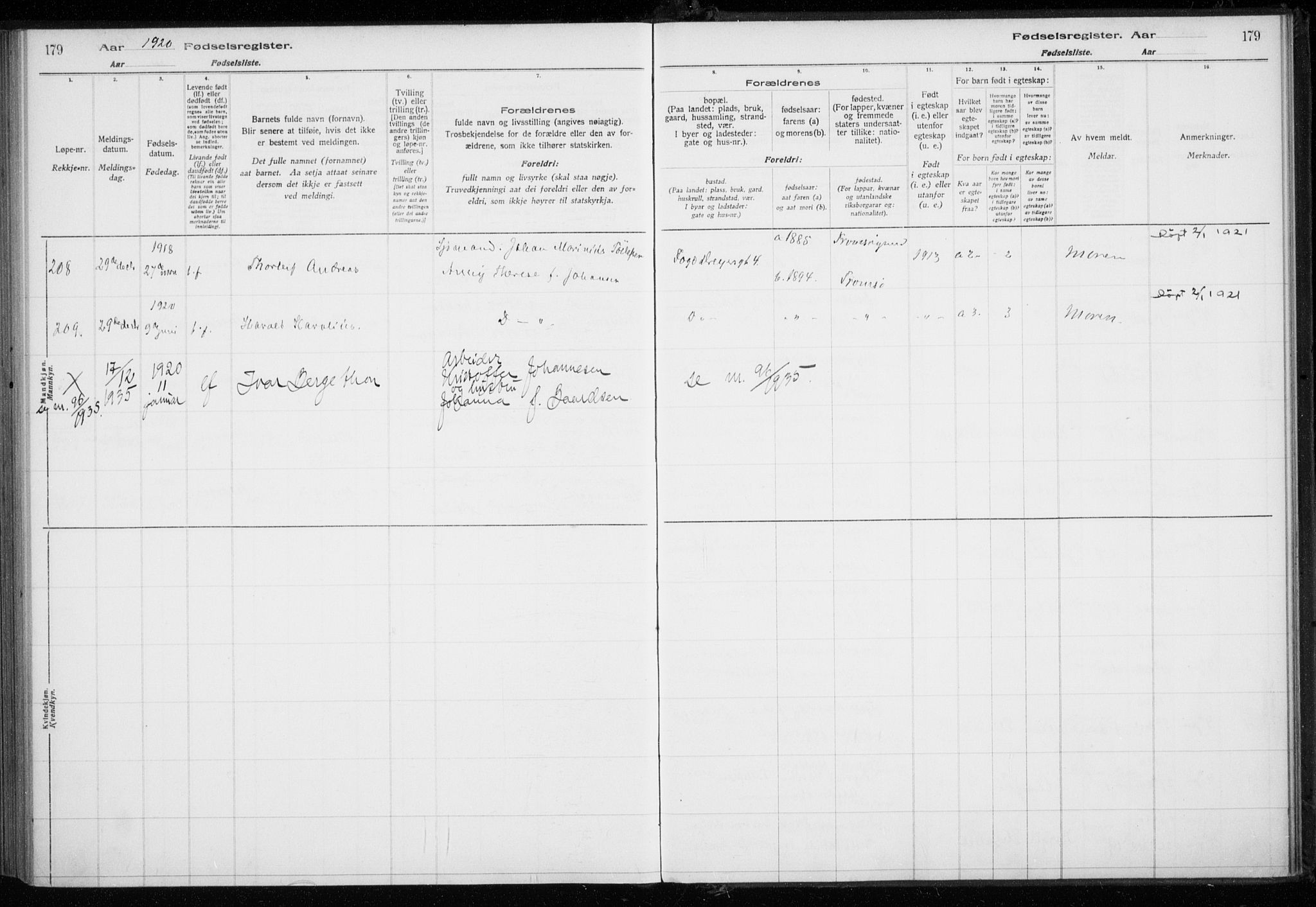 Tromsø sokneprestkontor/stiftsprosti/domprosti, AV/SATØ-S-1343/H/Ha/L0131: Birth register no. 131, 1916-1921, p. 179