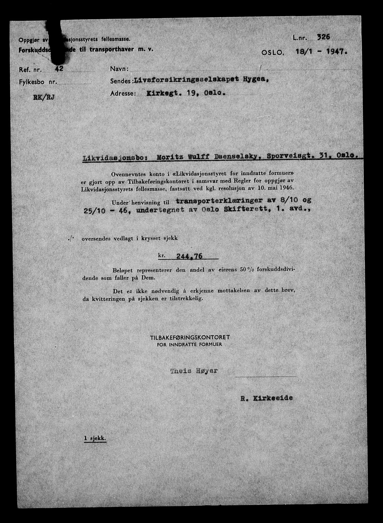 Justisdepartementet, Tilbakeføringskontoret for inndratte formuer, AV/RA-S-1564/H/Hc/Hcc/L0931: --, 1945-1947, p. 357