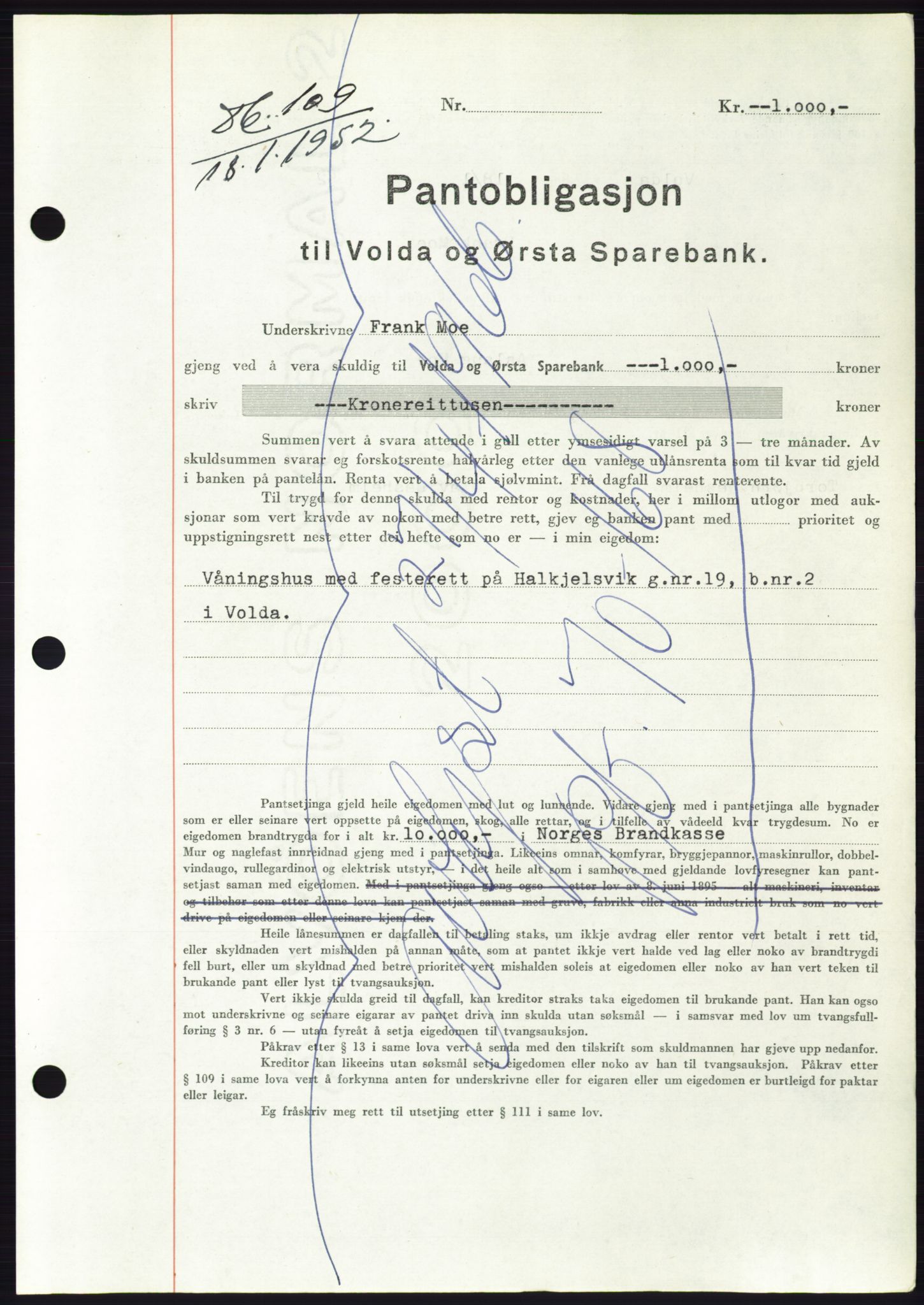 Søre Sunnmøre sorenskriveri, AV/SAT-A-4122/1/2/2C/L0121: Mortgage book no. 9B, 1951-1952, Diary no: : 109/1952