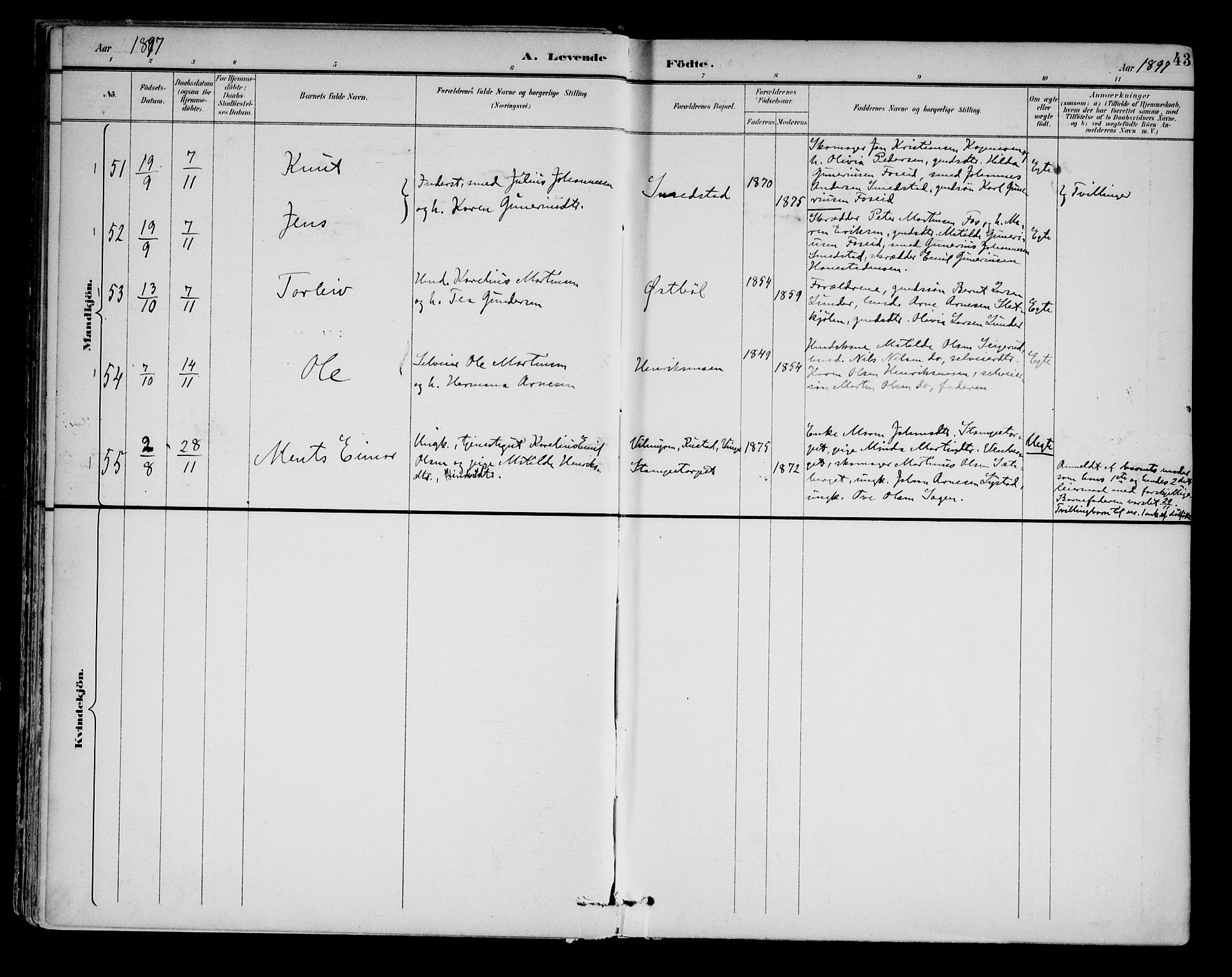Brandval prestekontor, AV/SAH-PREST-034/H/Ha/Haa/L0003: Parish register (official) no. 3, 1894-1909, p. 43