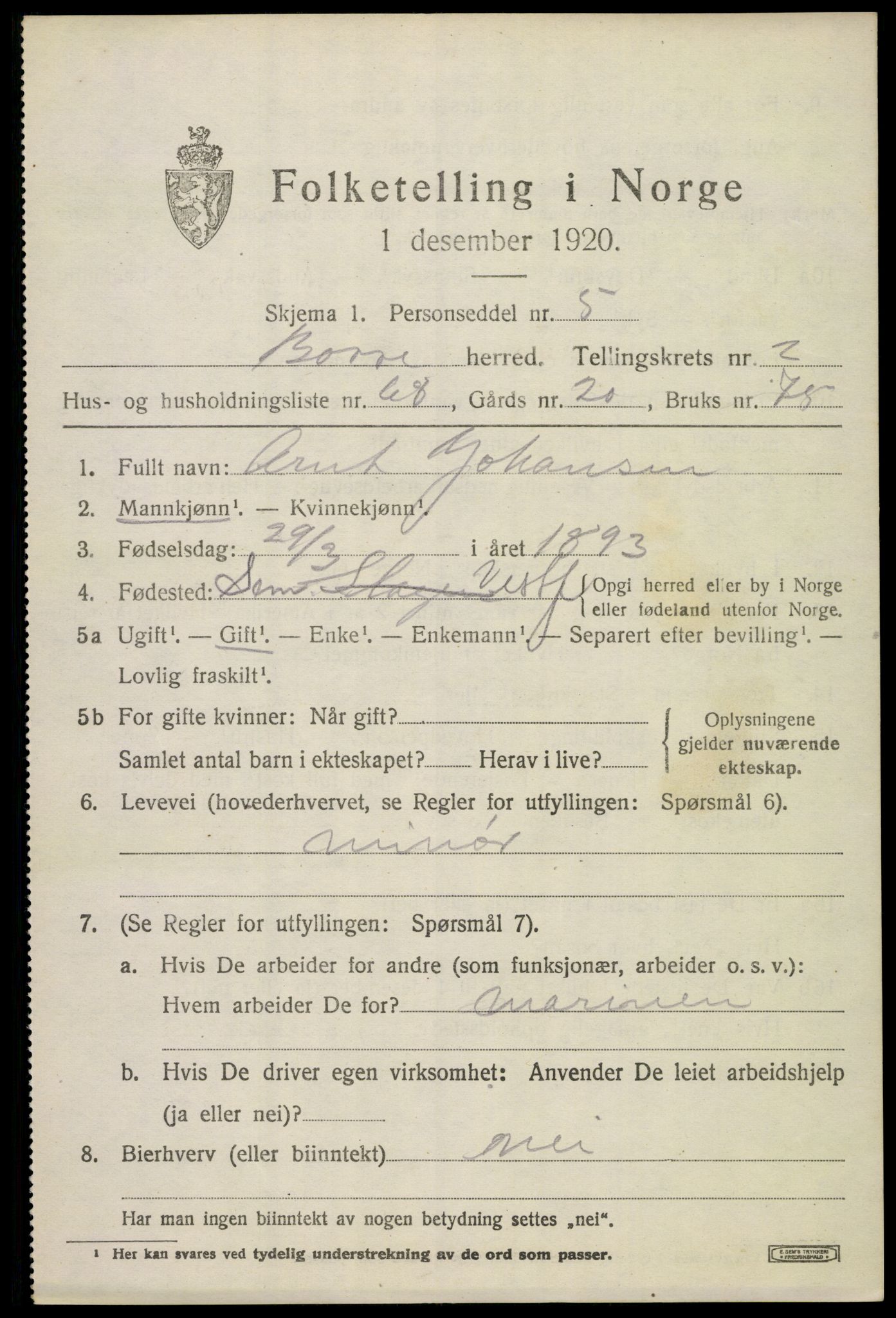 SAKO, 1920 census for Borre, 1920, p. 4968