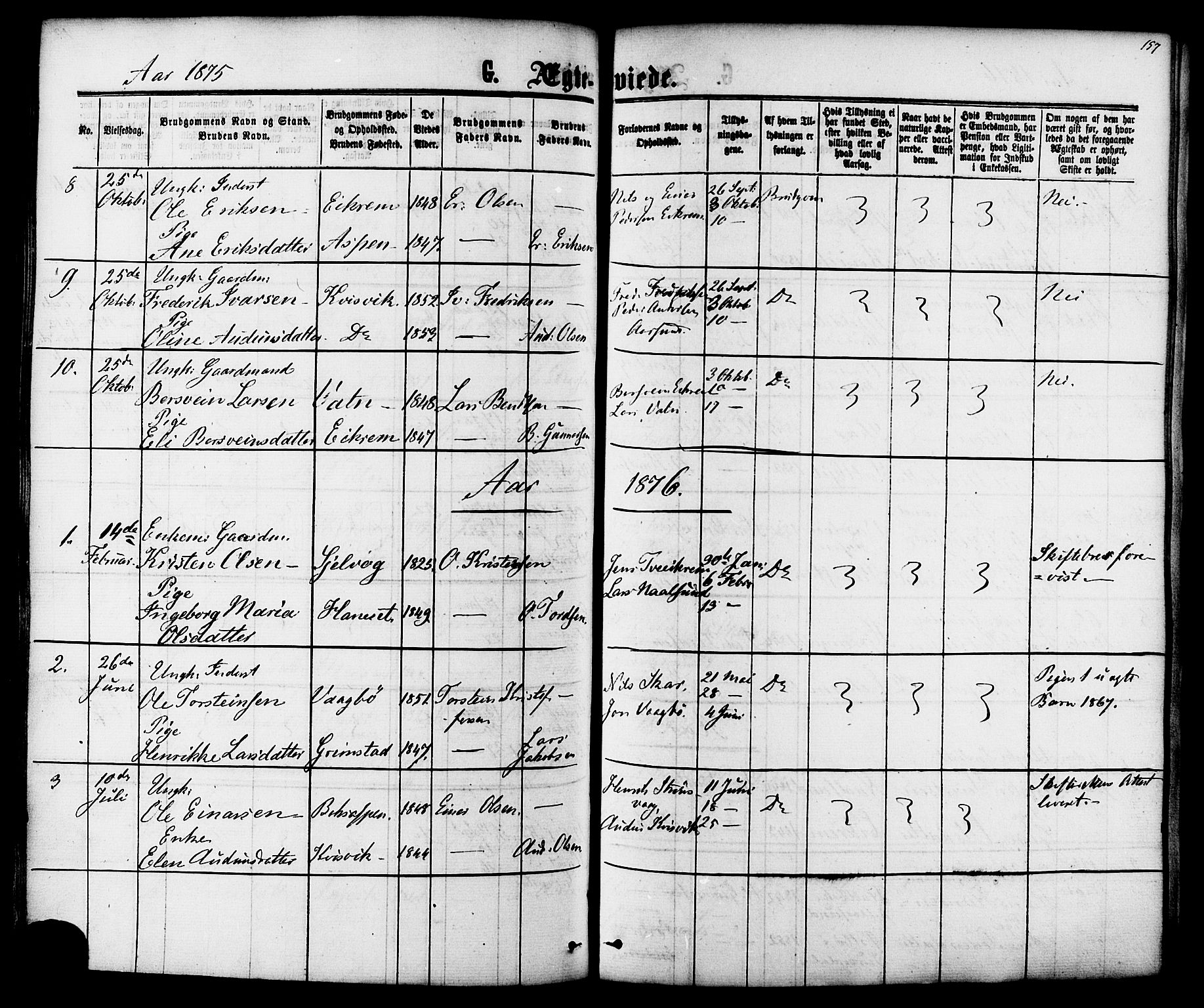 Ministerialprotokoller, klokkerbøker og fødselsregistre - Møre og Romsdal, AV/SAT-A-1454/587/L0999: Parish register (official) no. 587A01, 1864-1886, p. 157