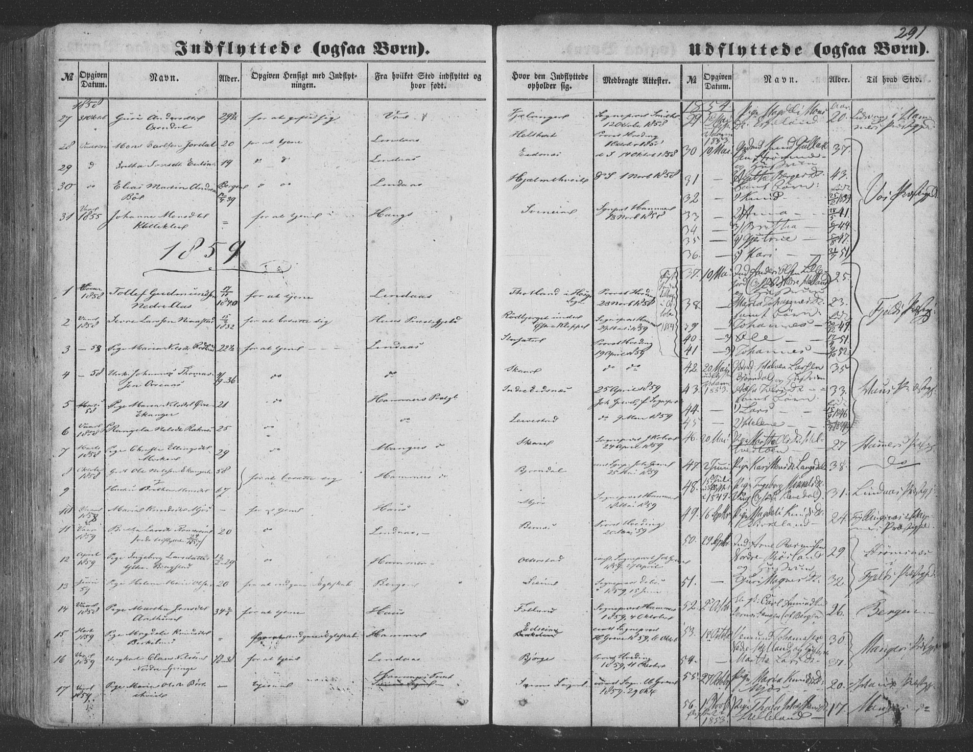 Hosanger sokneprestembete, SAB/A-75801/H/Haa: Parish register (official) no. A 8, 1849-1863, p. 291