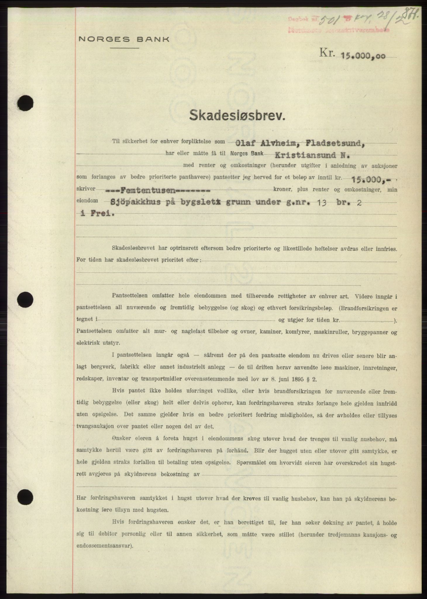 Nordmøre sorenskriveri, AV/SAT-A-4132/1/2/2Ca: Mortgage book no. B95, 1946-1947, Diary no: : 501/1947