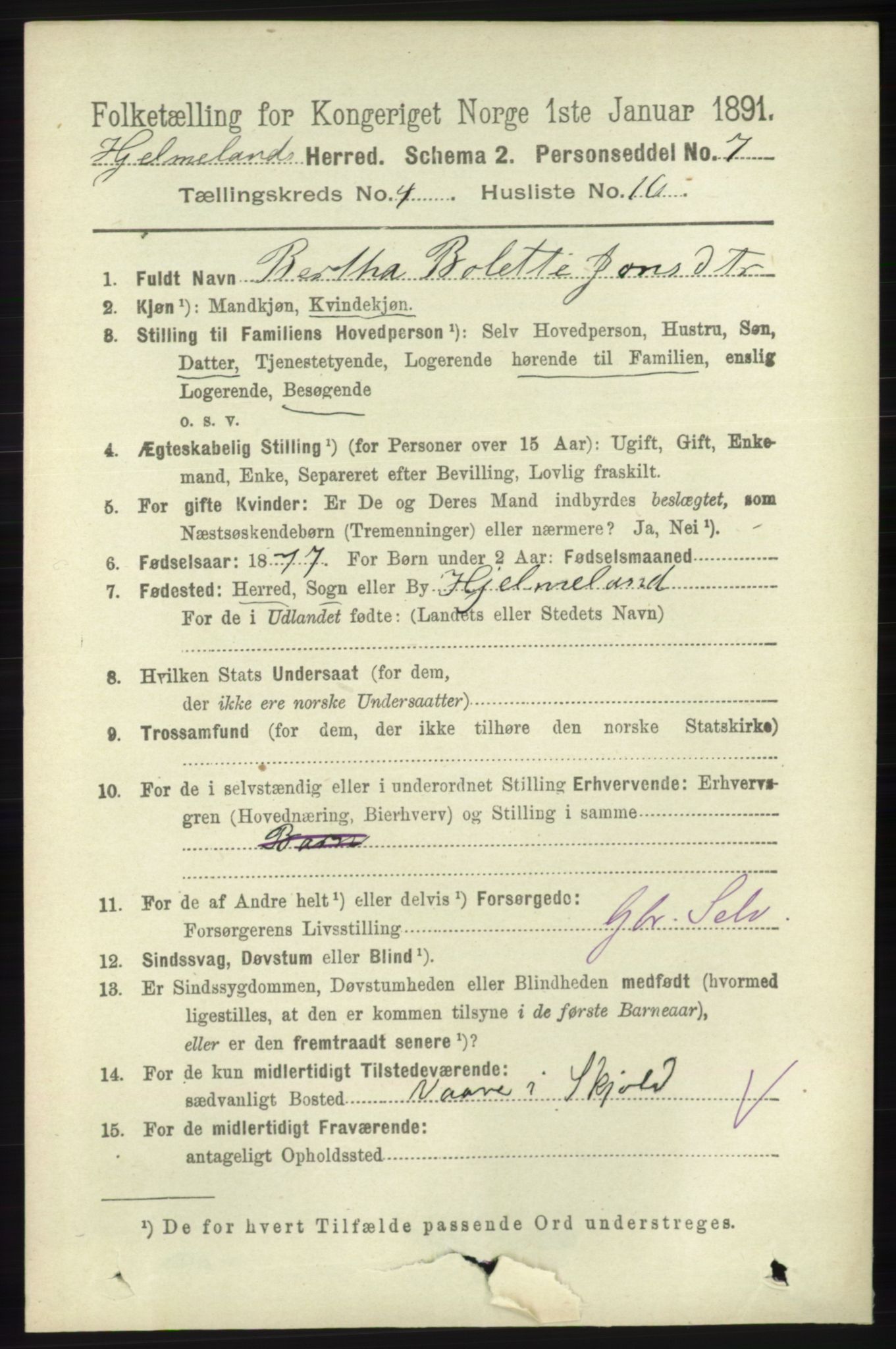 RA, 1891 census for 1133 Hjelmeland, 1891, p. 1087