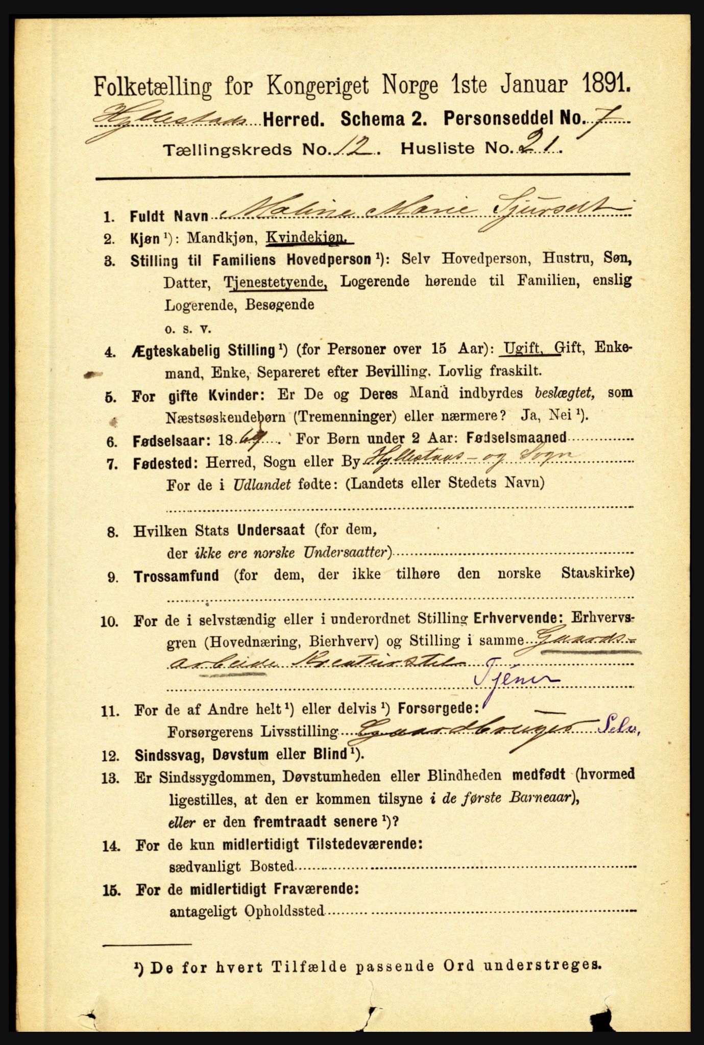 RA, 1891 census for 1413 Hyllestad, 1891, p. 2371