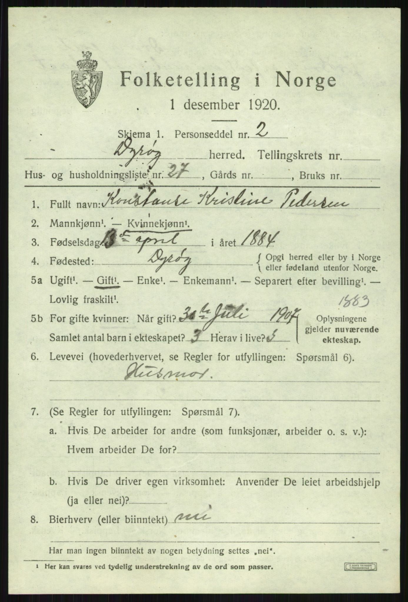 SATØ, 1920 census for Dyrøy, 1920, p. 1023