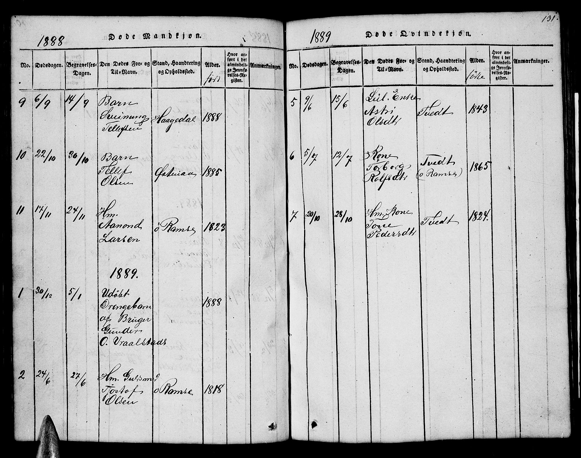 Åmli sokneprestkontor, AV/SAK-1111-0050/F/Fb/Fbb/L0001: Parish register (copy) no. B 1, 1816-1889, p. 131