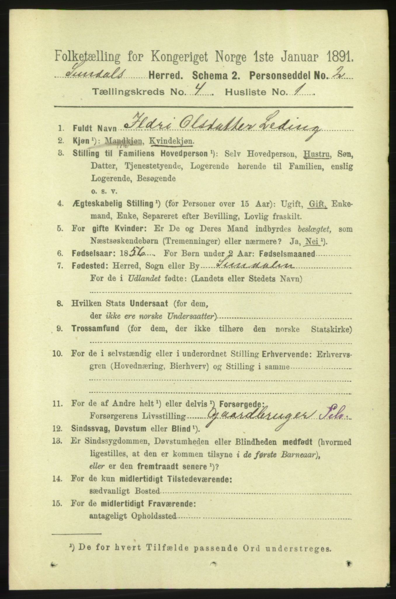 RA, 1891 census for 1563 Sunndal, 1891, p. 907