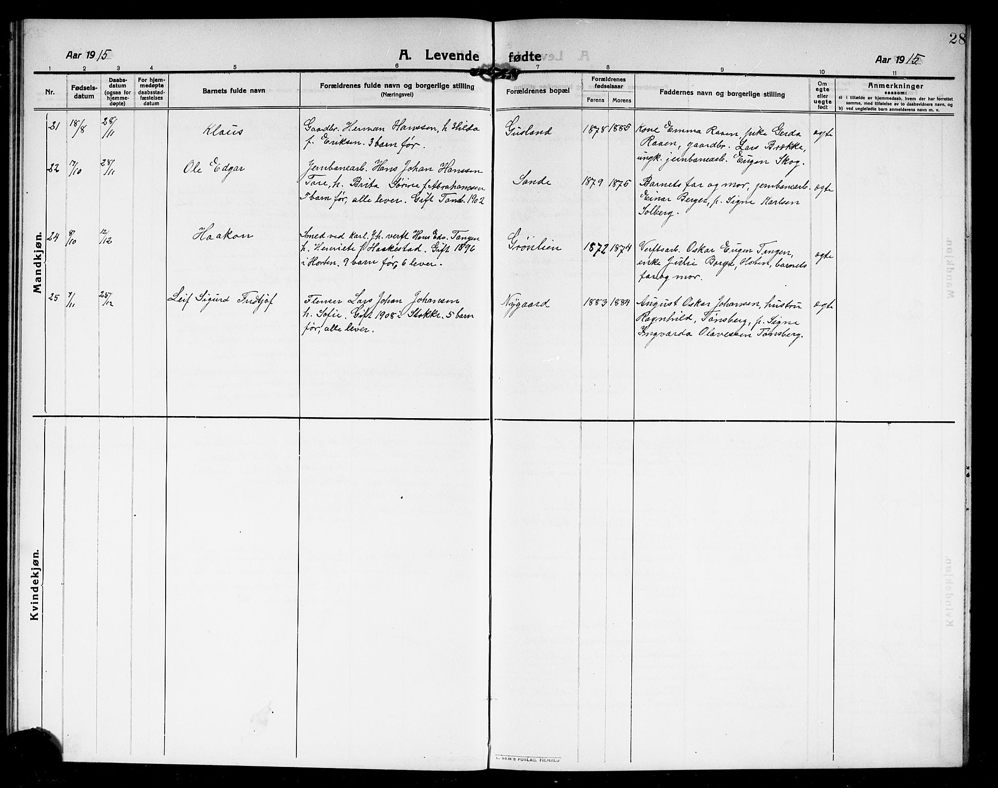 Borre kirkebøker, AV/SAKO-A-338/G/Ga/L0006: Parish register (copy) no. I 6, 1911-1919, p. 28