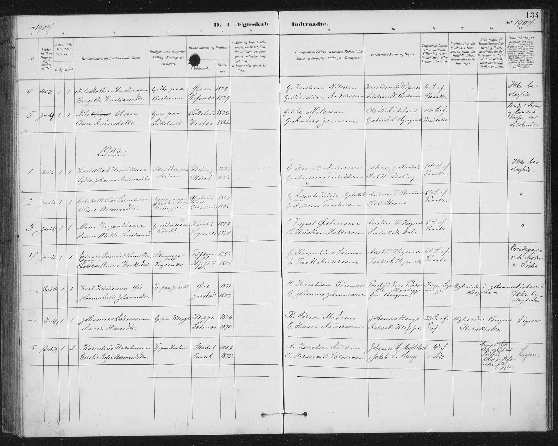 Fjaler sokneprestembete, AV/SAB-A-79801/H/Hab/Habc/L0003: Parish register (copy) no. C 3, 1894-1917, p. 134