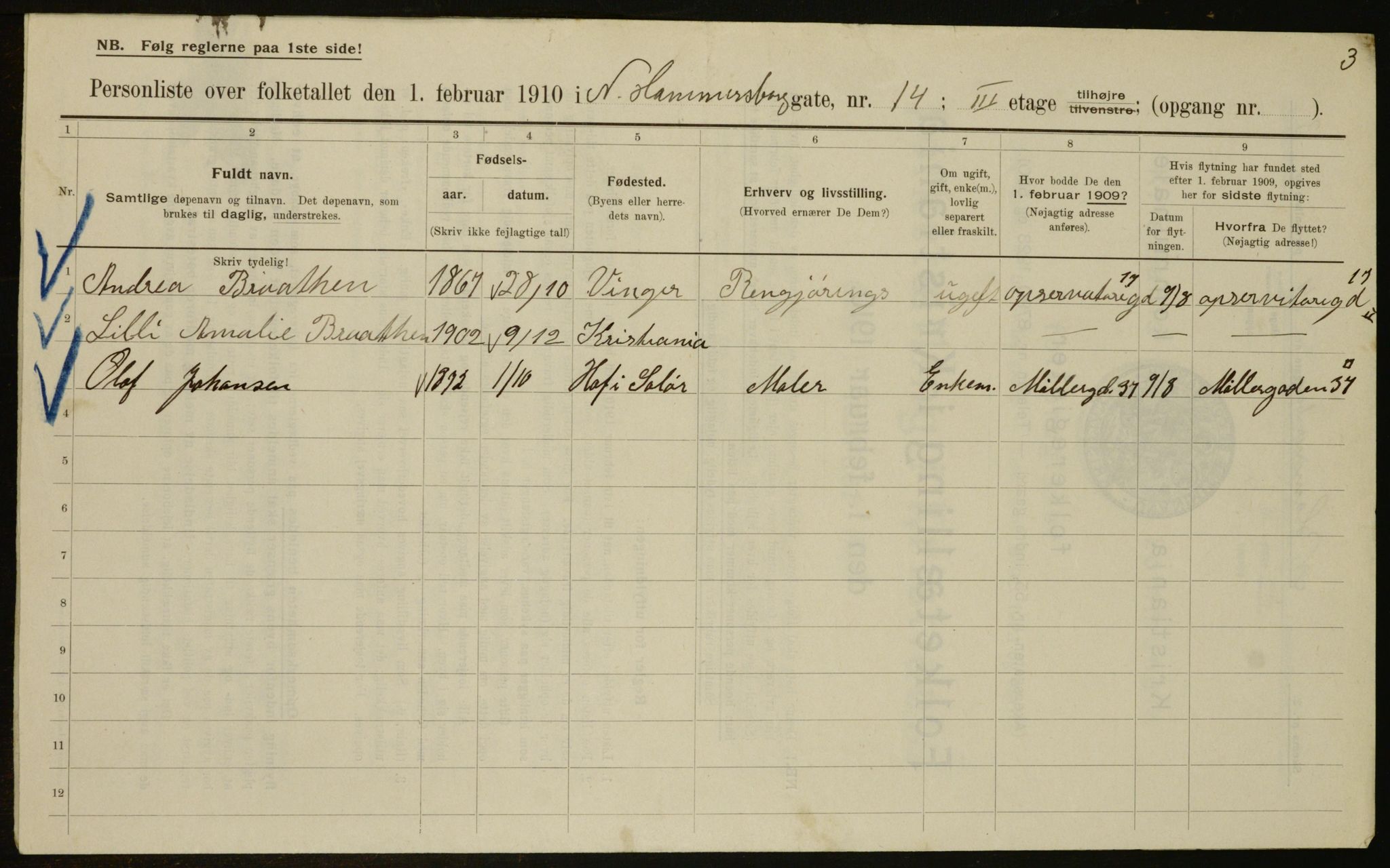 OBA, Municipal Census 1910 for Kristiania, 1910, p. 67096