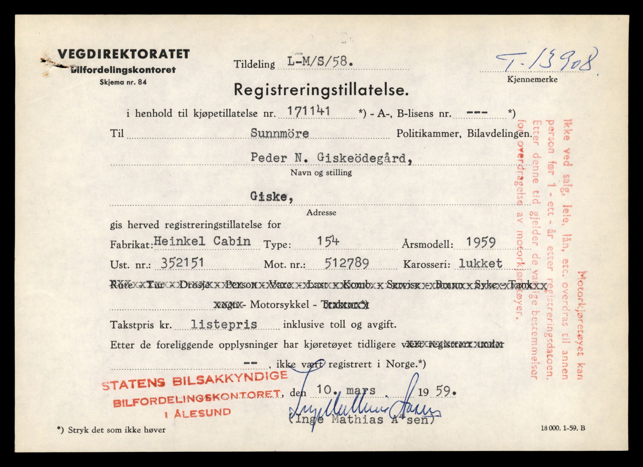 Møre og Romsdal vegkontor - Ålesund trafikkstasjon, AV/SAT-A-4099/F/Fe/L0042: Registreringskort for kjøretøy T 13906 - T 14079, 1927-1998, p. 43