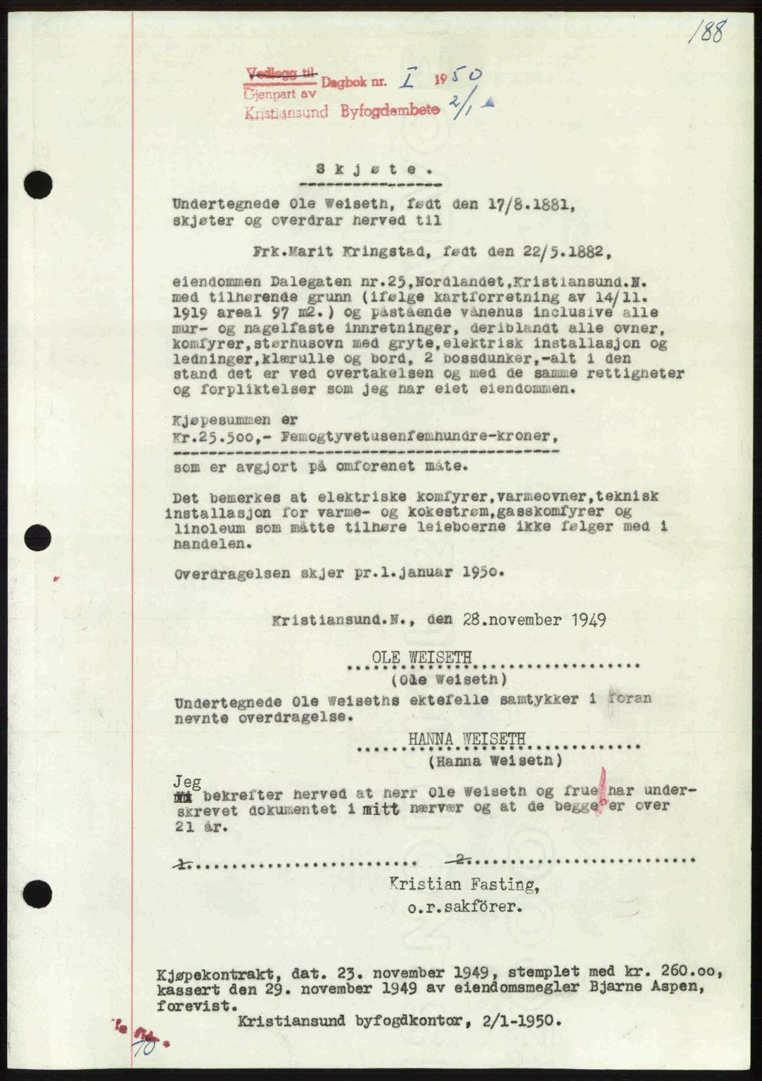 Kristiansund byfogd, AV/SAT-A-4587/A/27: Mortgage book no. 46, 1949-1950, Diary no: : 1/1950