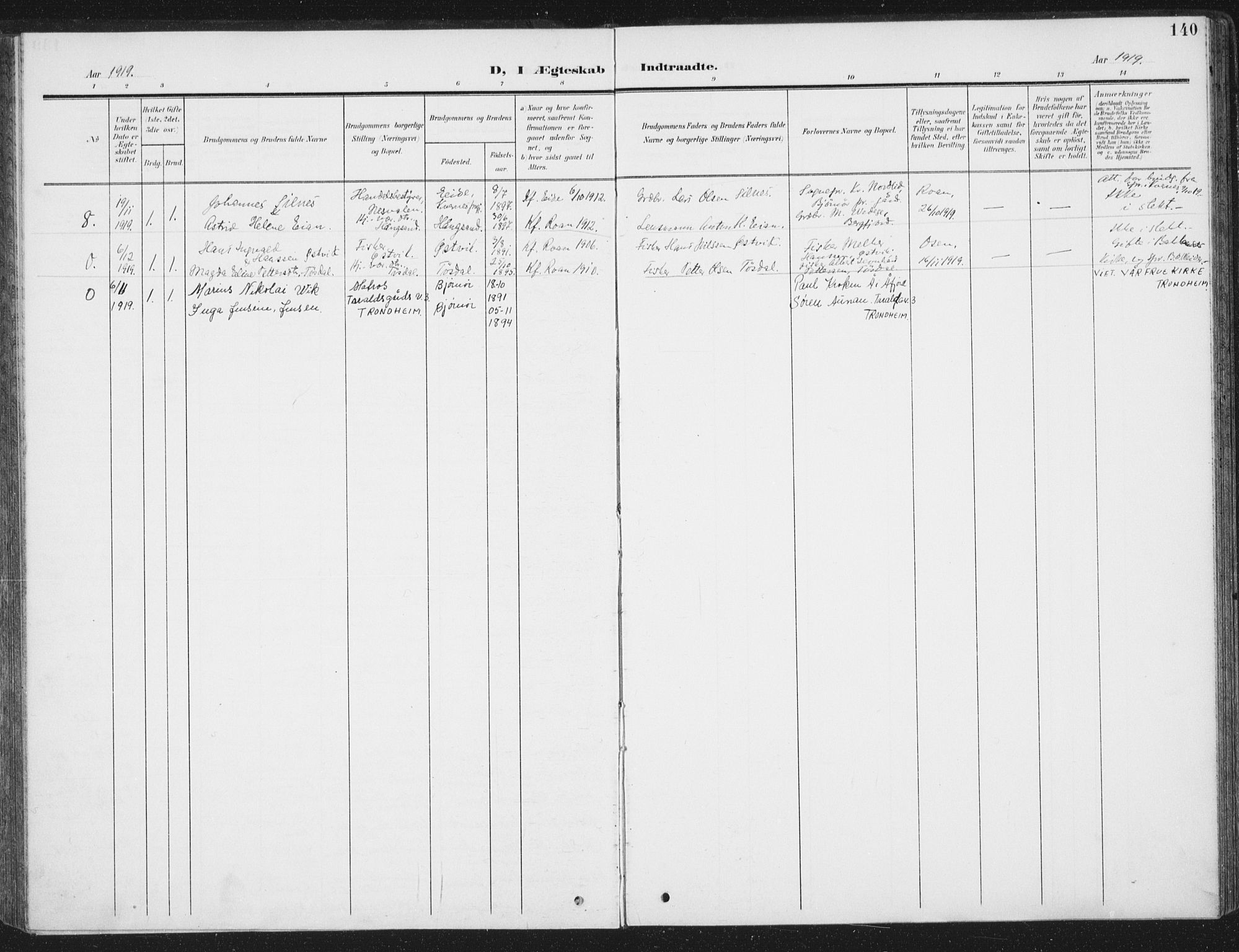 Ministerialprotokoller, klokkerbøker og fødselsregistre - Sør-Trøndelag, AV/SAT-A-1456/657/L0709: Parish register (official) no. 657A10, 1905-1919, p. 140