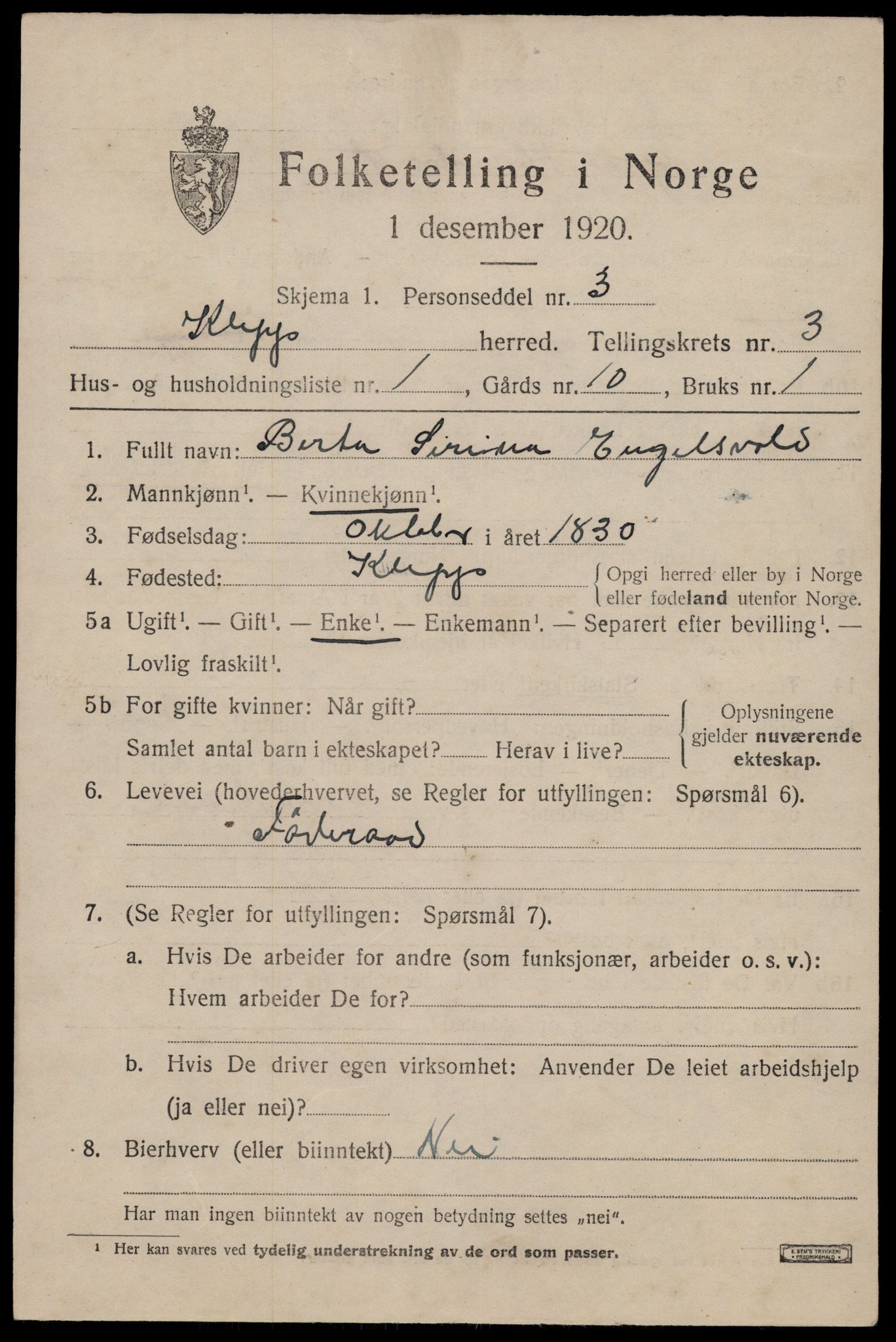 SAST, 1920 census for Klepp, 1920, p. 3188