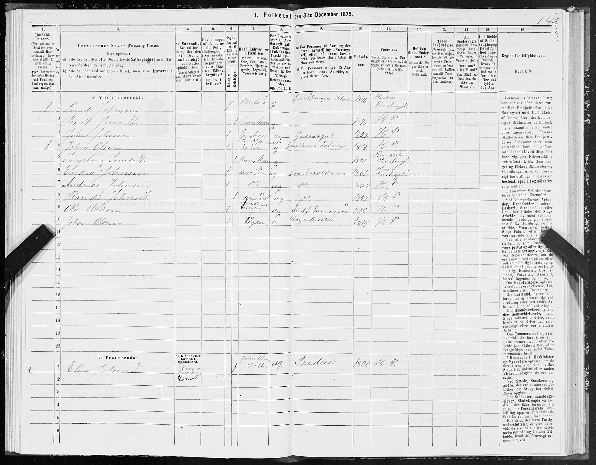 SAT, 1875 census for 1612P Hemne, 1875, p. 2142