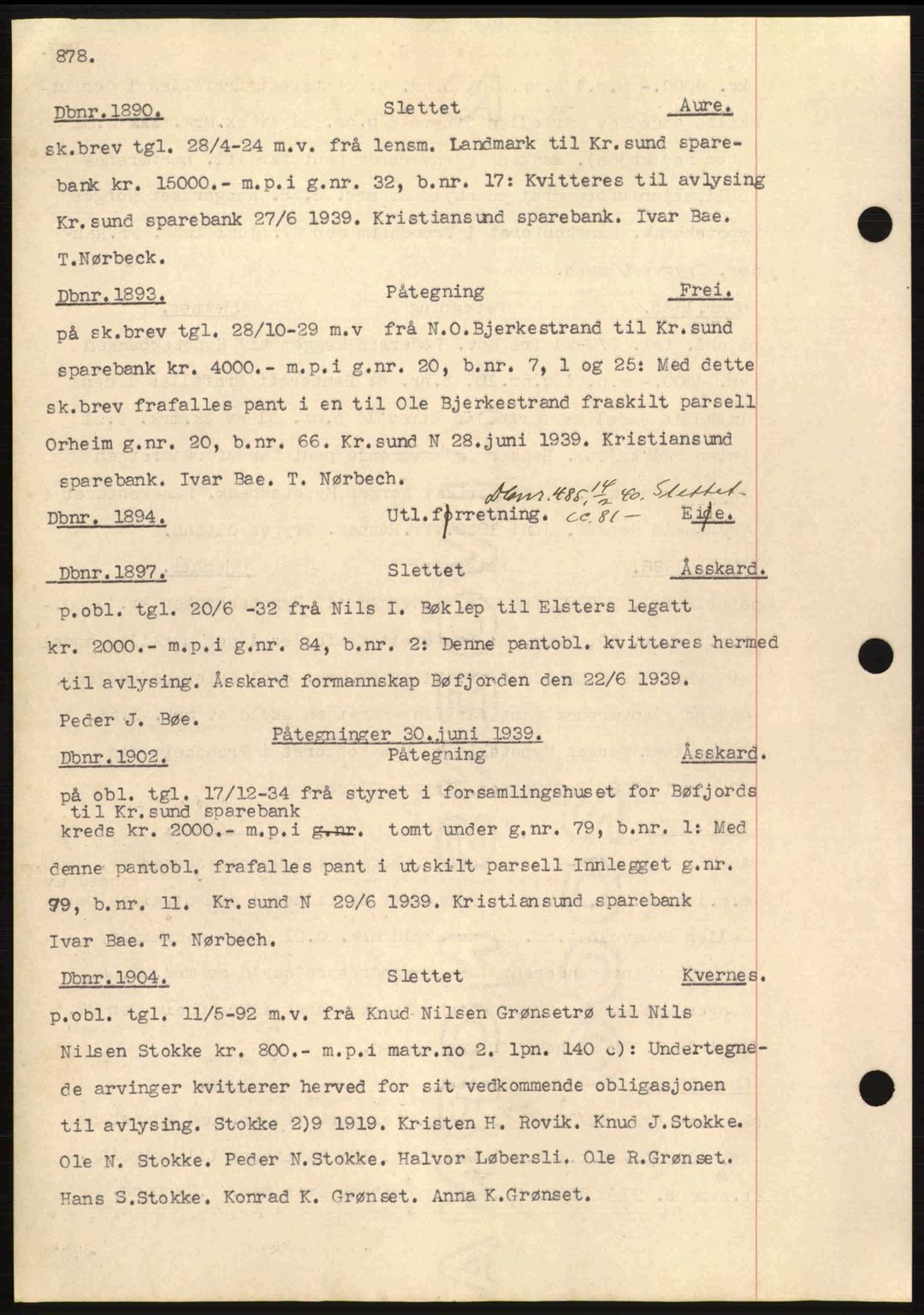 Nordmøre sorenskriveri, AV/SAT-A-4132/1/2/2Ca: Mortgage book no. C80, 1936-1939, Diary no: : 1890/1939