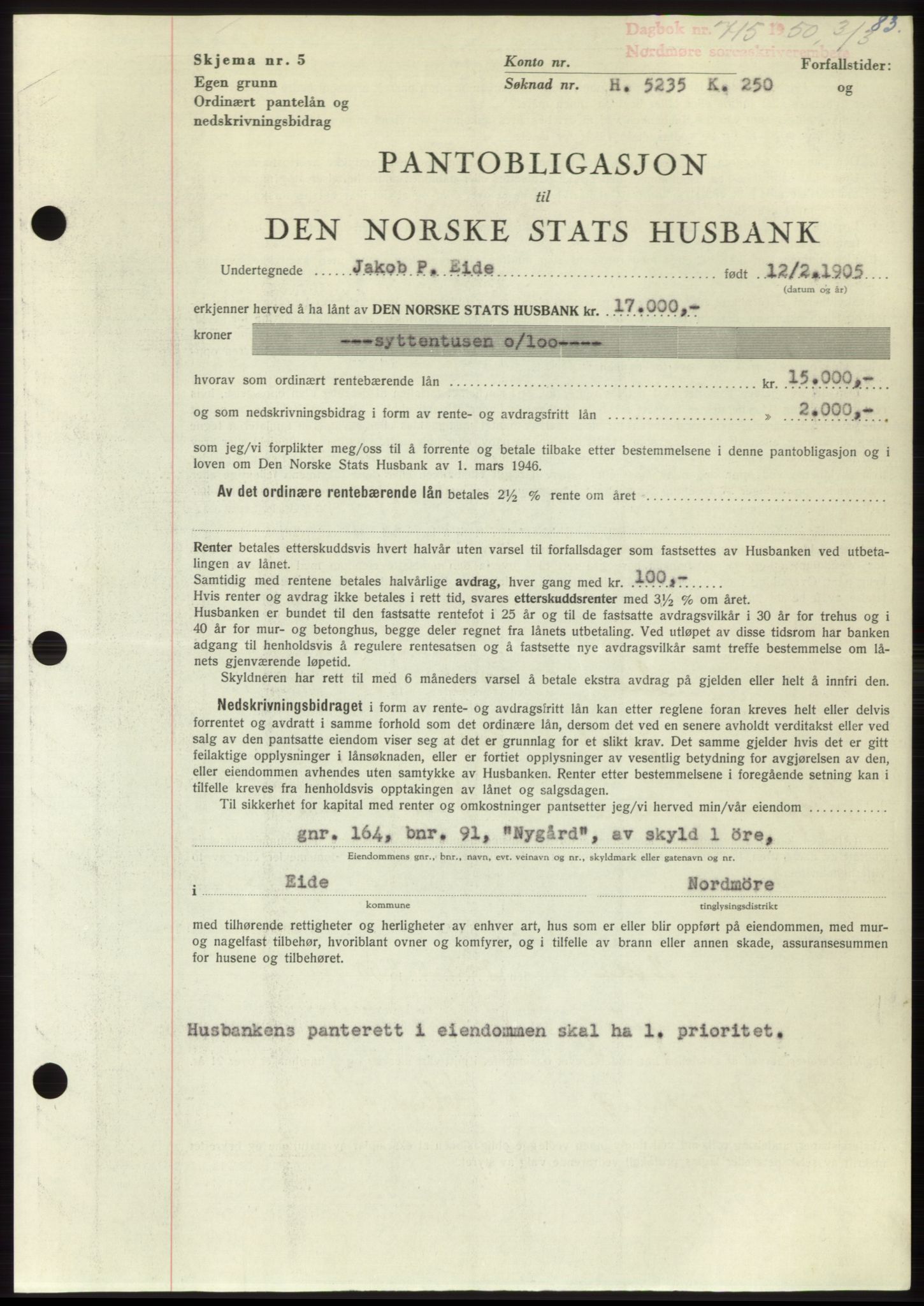 Nordmøre sorenskriveri, AV/SAT-A-4132/1/2/2Ca: Mortgage book no. B104, 1950-1950, Diary no: : 715/1950