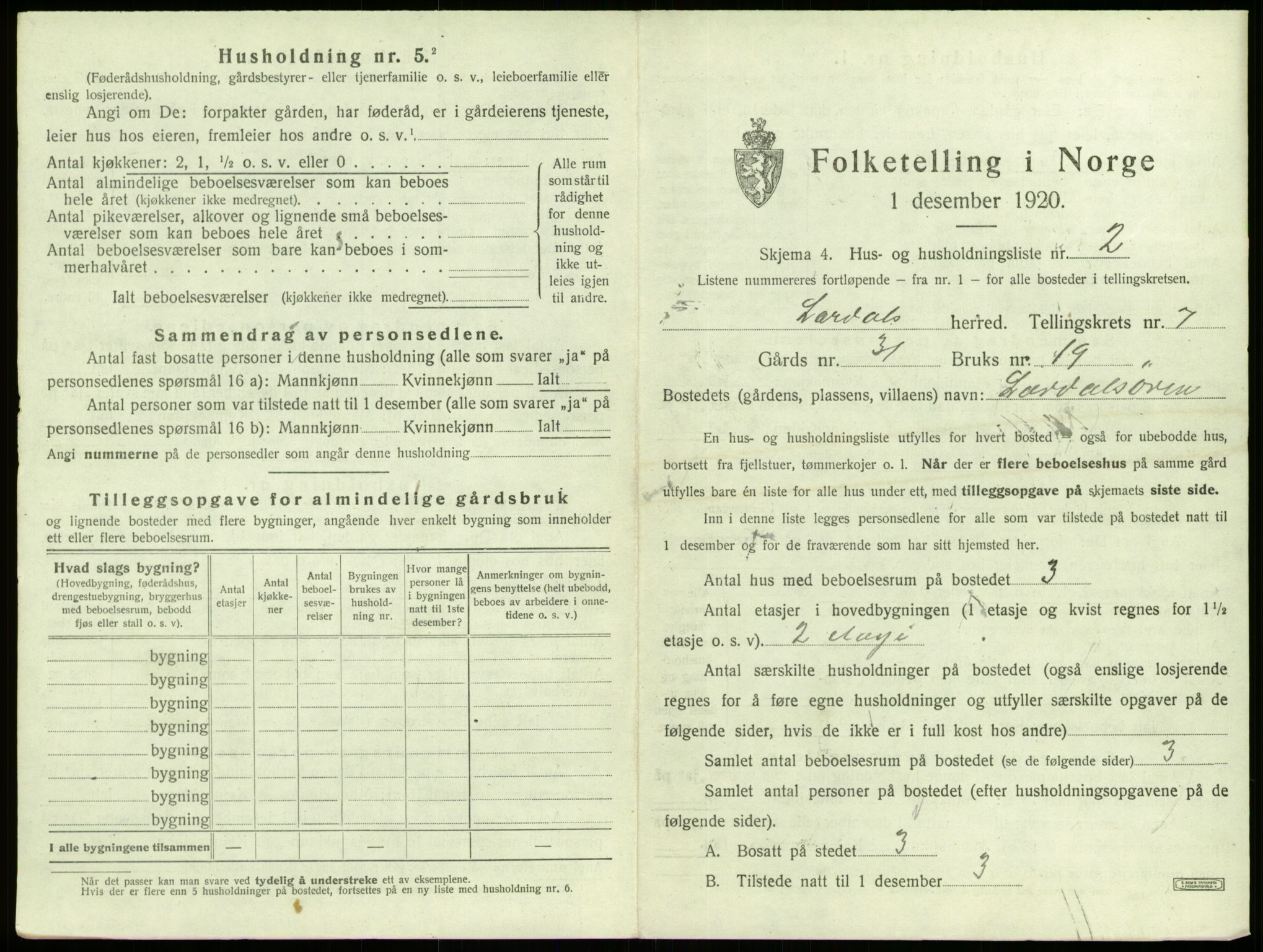 SAB, 1920 census for Lærdal, 1920, p. 533