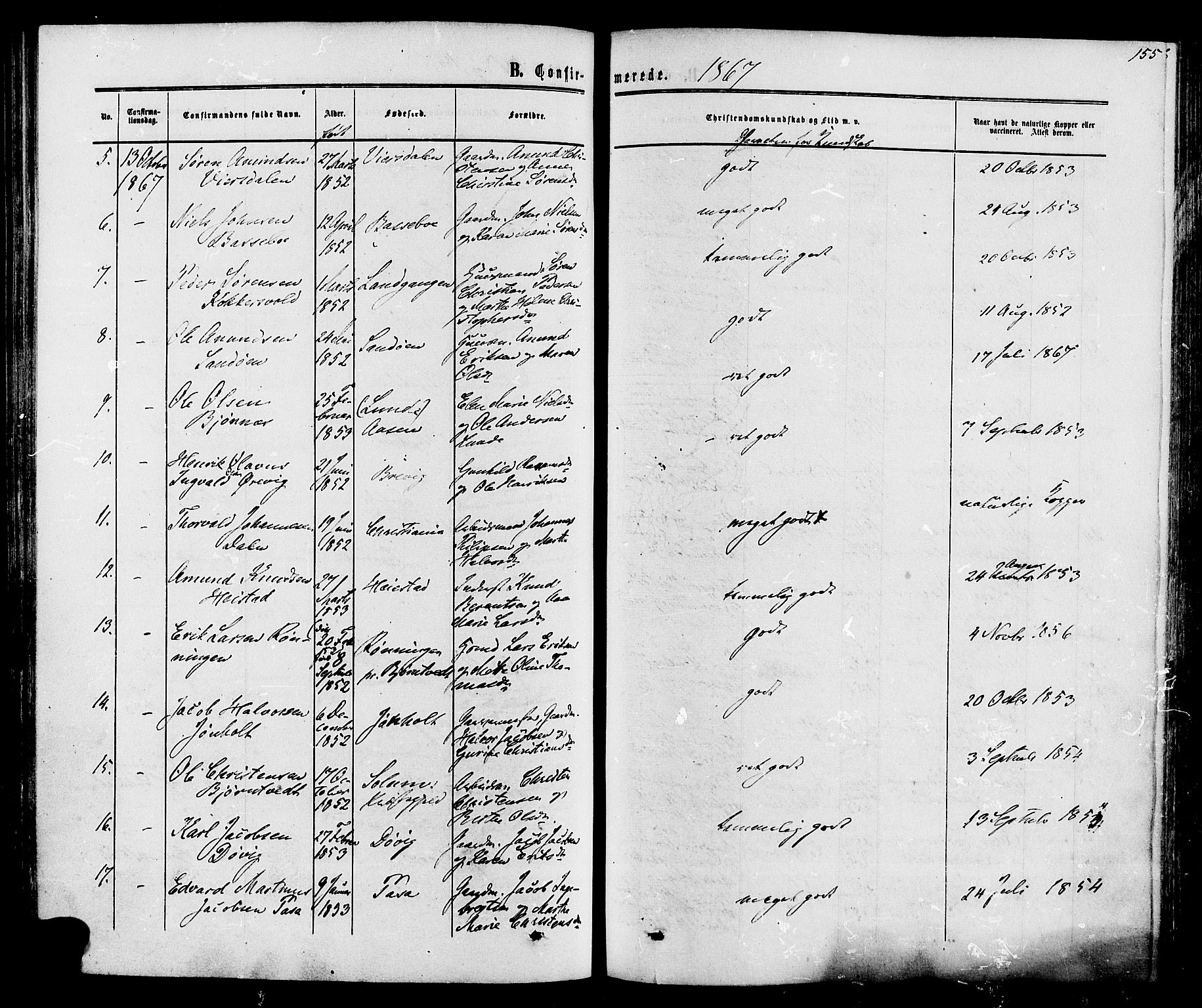 Eidanger kirkebøker, AV/SAKO-A-261/F/Fa/L0010: Parish register (official) no. 10, 1859-1874, p. 155