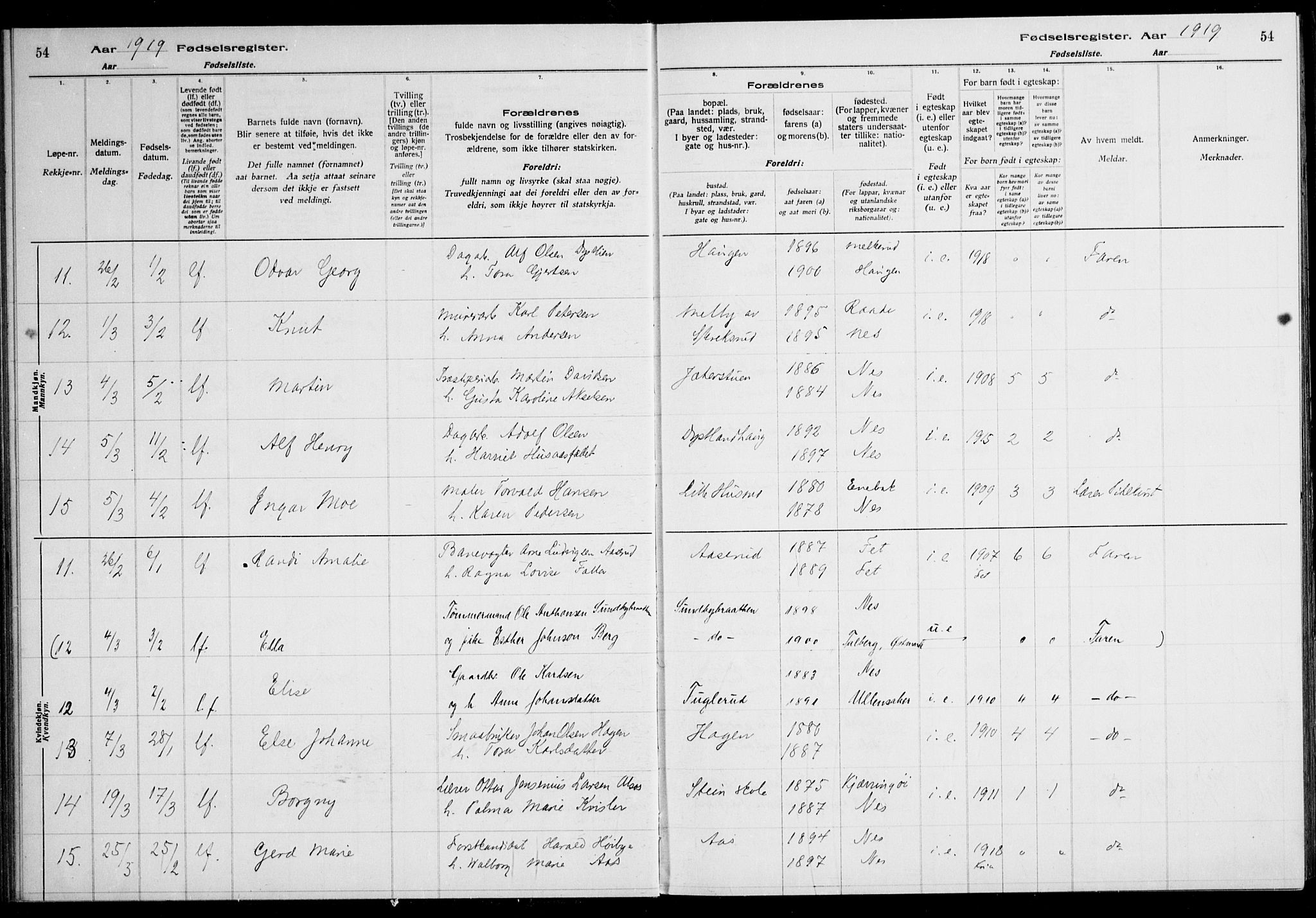 Nes prestekontor Kirkebøker, AV/SAO-A-10410/J/Ja/L0001: Birth register no. 1, 1916-1926, p. 54