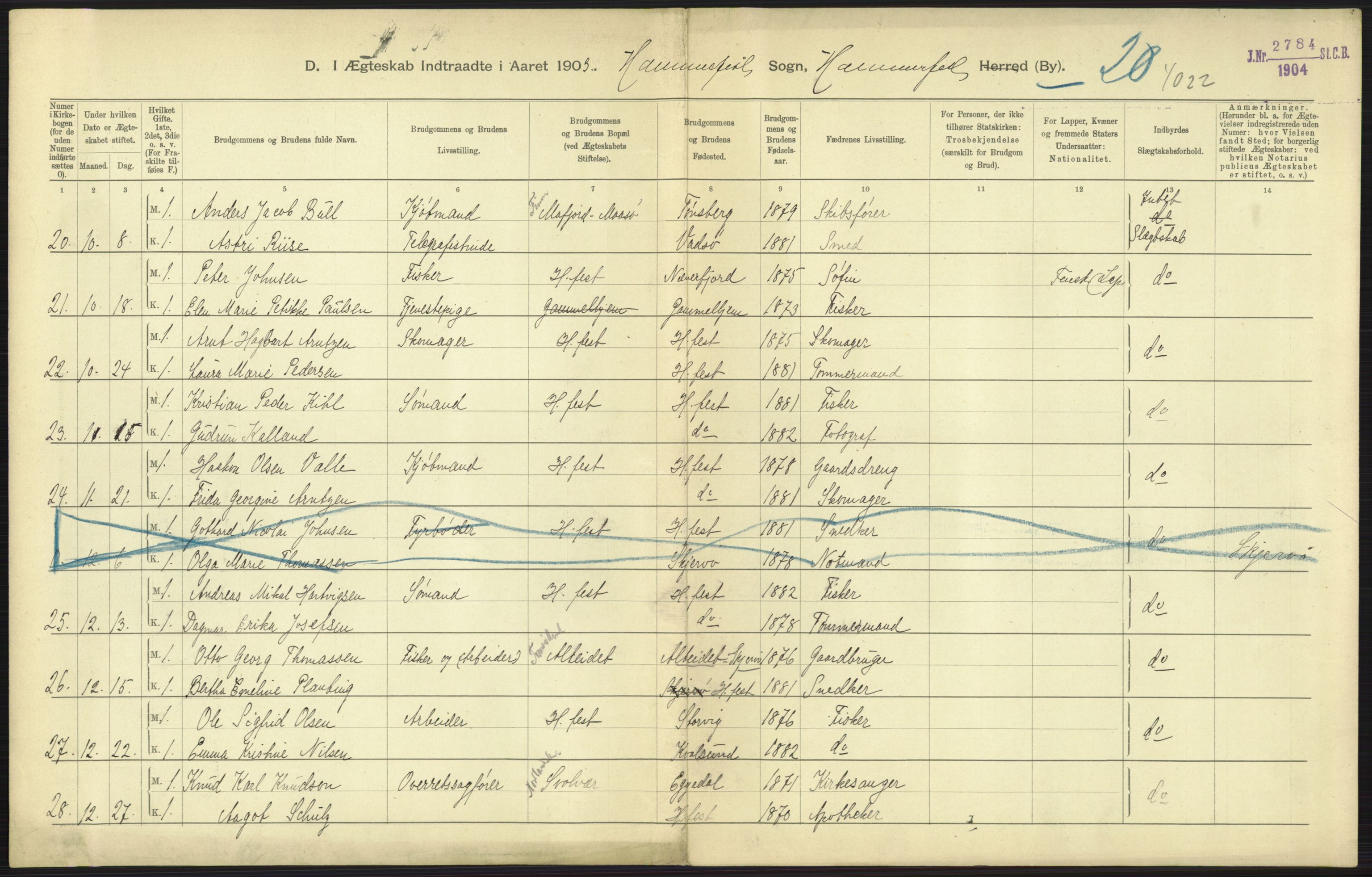 Statistisk sentralbyrå, Sosiodemografiske emner, Befolkning, AV/RA-S-2228/D/Df/Dfa/Dfaa/L0022: Finnmarkens amt: Fødte, gifte, døde., 1903, p. 201